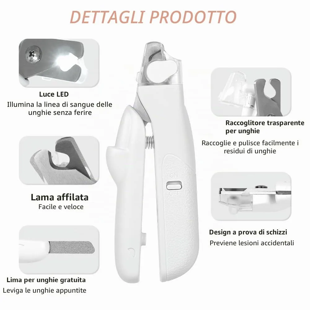 HOTUT Tagliaunghie per Cani e Gatti con Luce LED, Acciaio Inossidabile, Protezione di Sicurezza e Lima (Bianco) - immagine 3