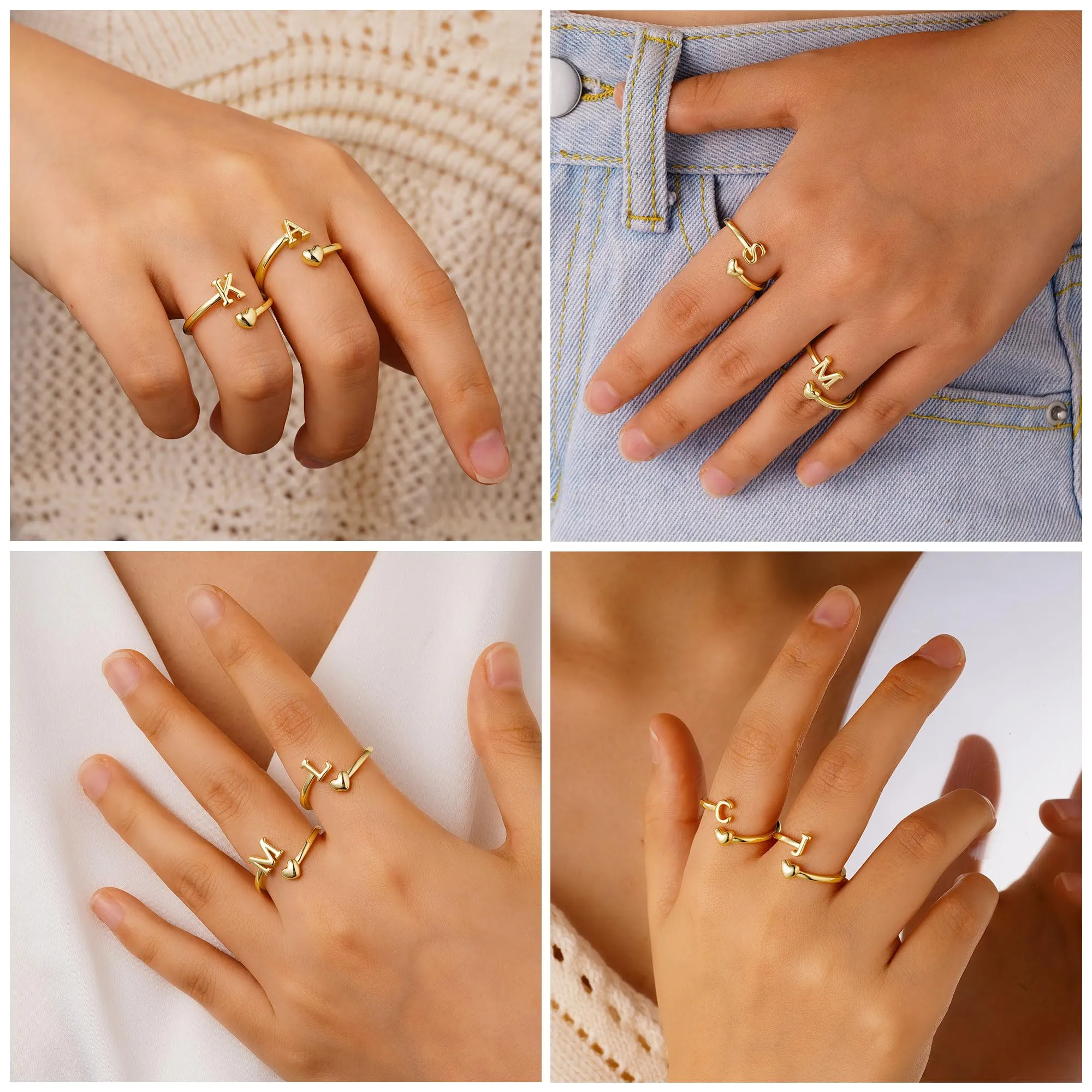 TINGN Anello a Cuore con Lettera in Oro Placcato 14K Impermeabile per Donne e Ragazze - immagine 4