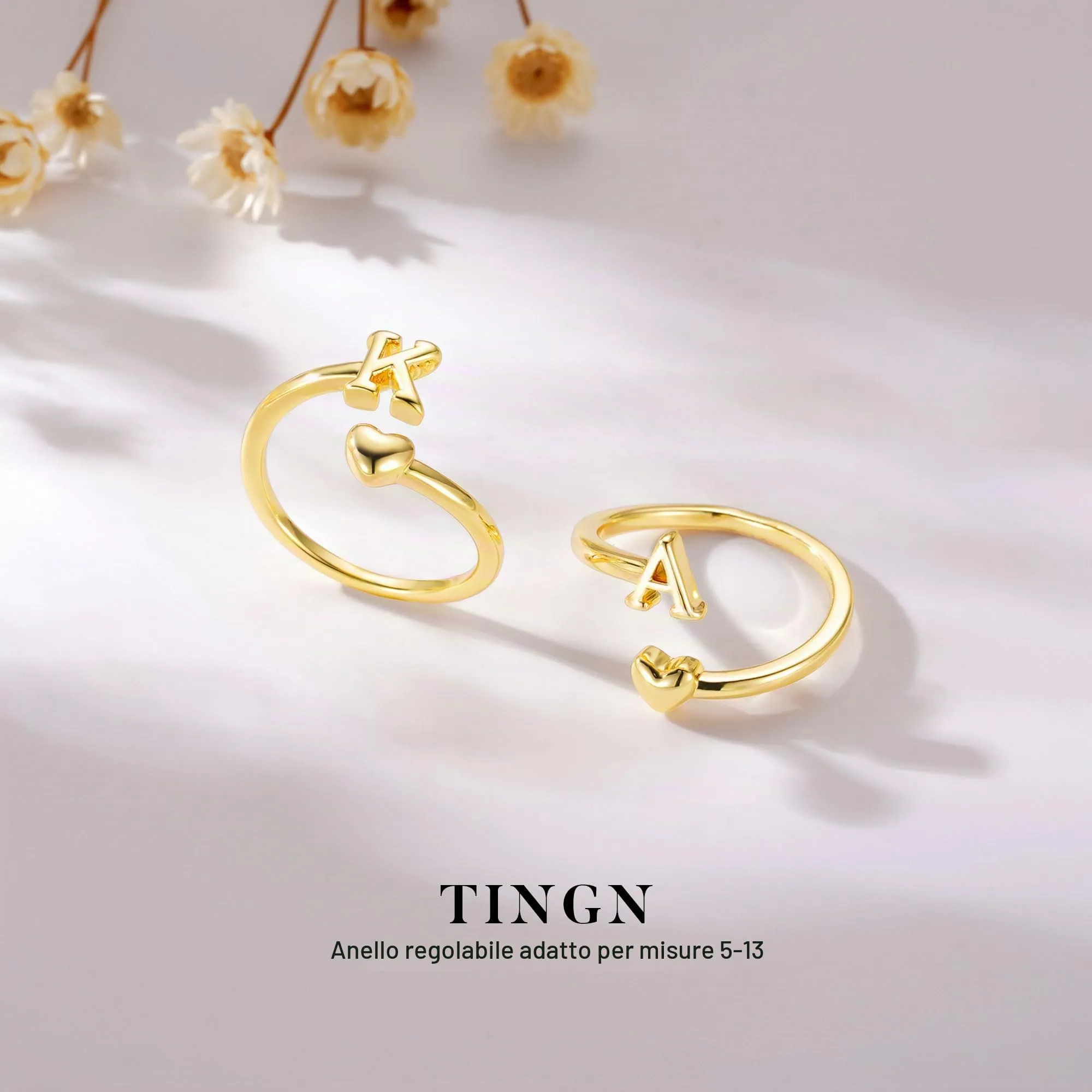 TINGN Anello a Cuore con Lettere in Oro 14K Placcato per Donne e Ragazze - immagine 7