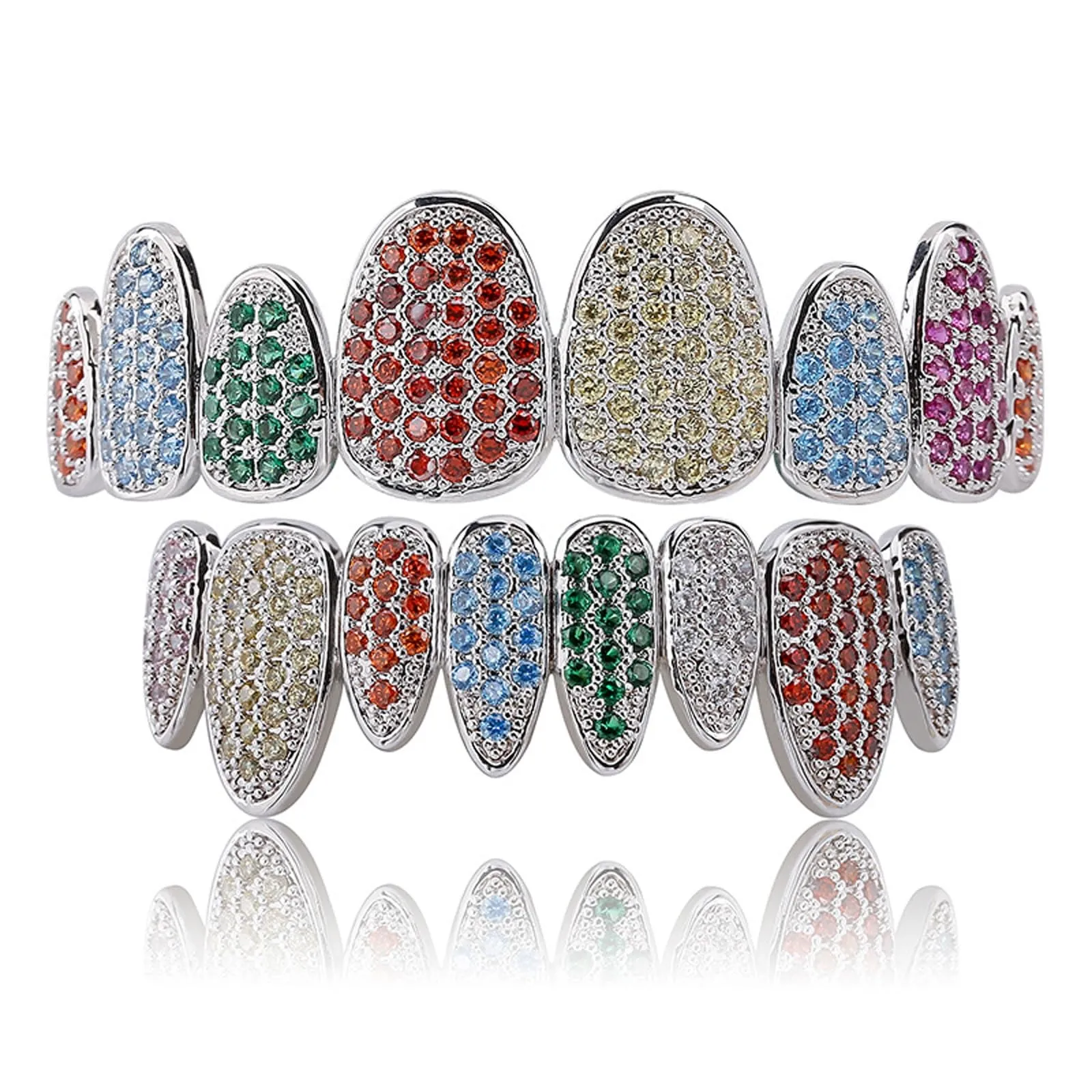 AHTCPO Set di Grillz Hip Hop Placcati Argento con Strass CZ Multicolore, Superiori e Inferiori Regolabili (Silver colored set) - immagine 1