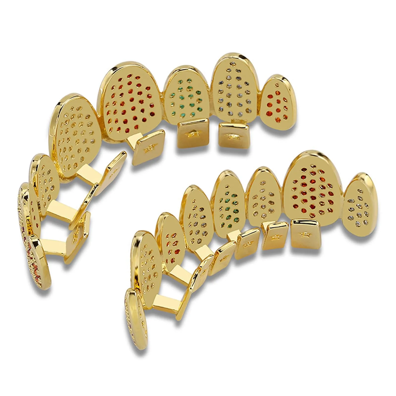 AHTCPO Set di Grillz Hip Hop Placcati Argento con Strass CZ Multicolore, Superiori e Inferiori Regolabili (Silver colored set) - immagine 3