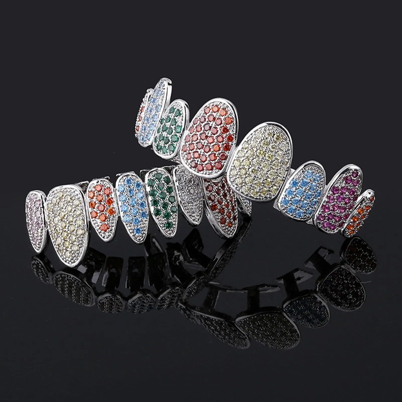 AHTCPO Set di Grillz Hip Hop Placcati Argento con Strass CZ Multicolore, Superiori e Inferiori Regolabili (Silver colored set) - immagine 4