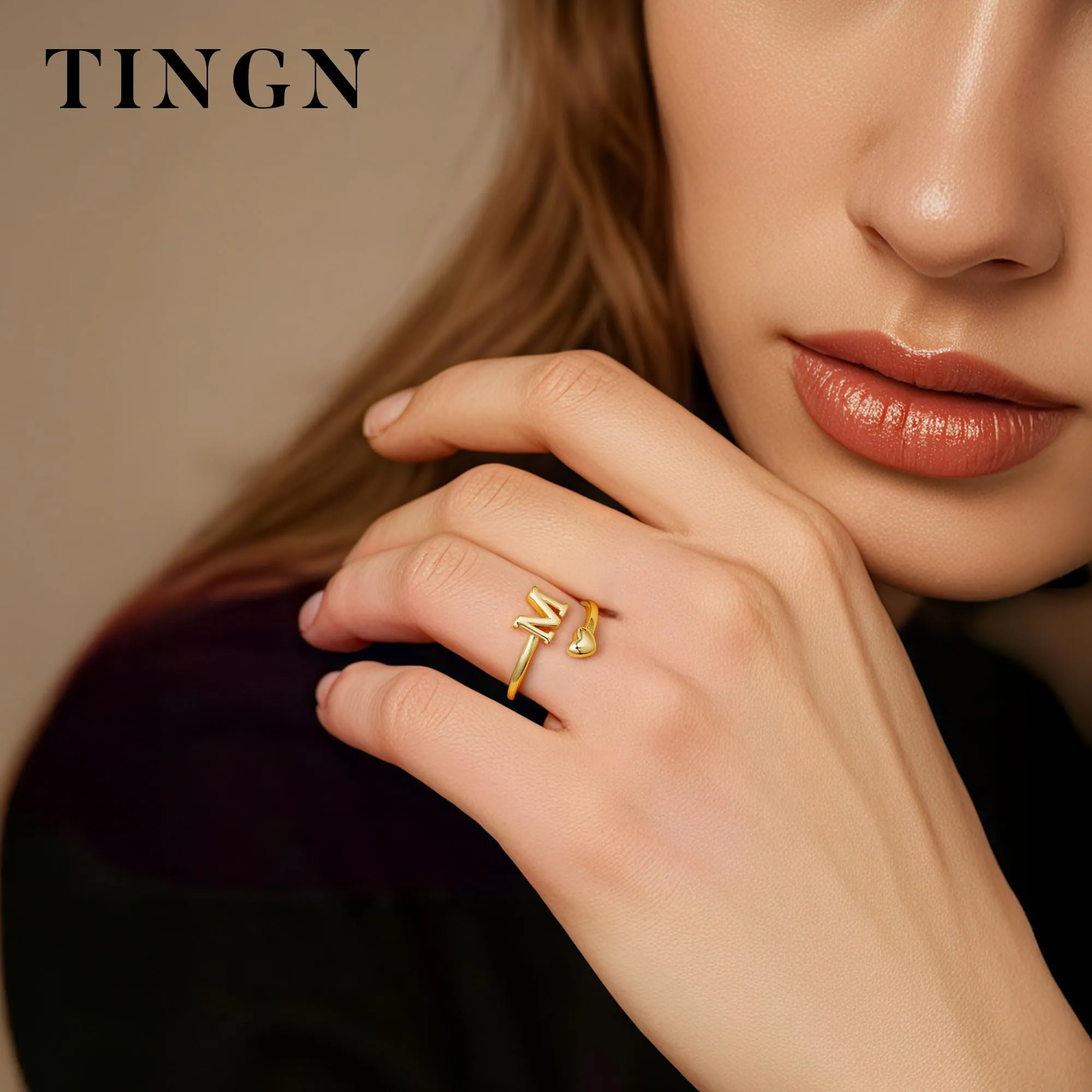 TINGN Anello a forma di cuore con lettera, placcato oro 14 carati, impermeabile e regolabile - immagine 3