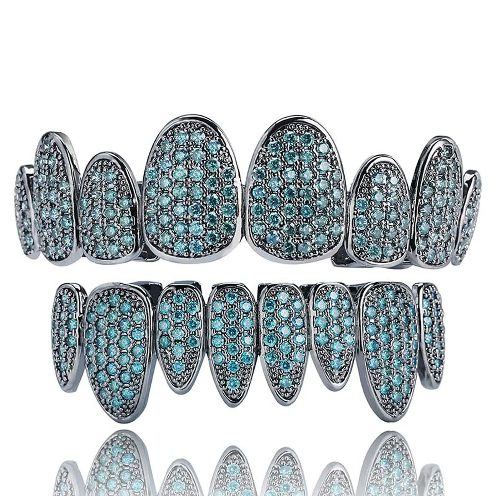 AHTCPO Set di Grillz Hip Hop Placcati Oro con Strass CZ Multicolore, Dentari Superiori e Inferiori Regolabili (Emerald Green) - immagine 1