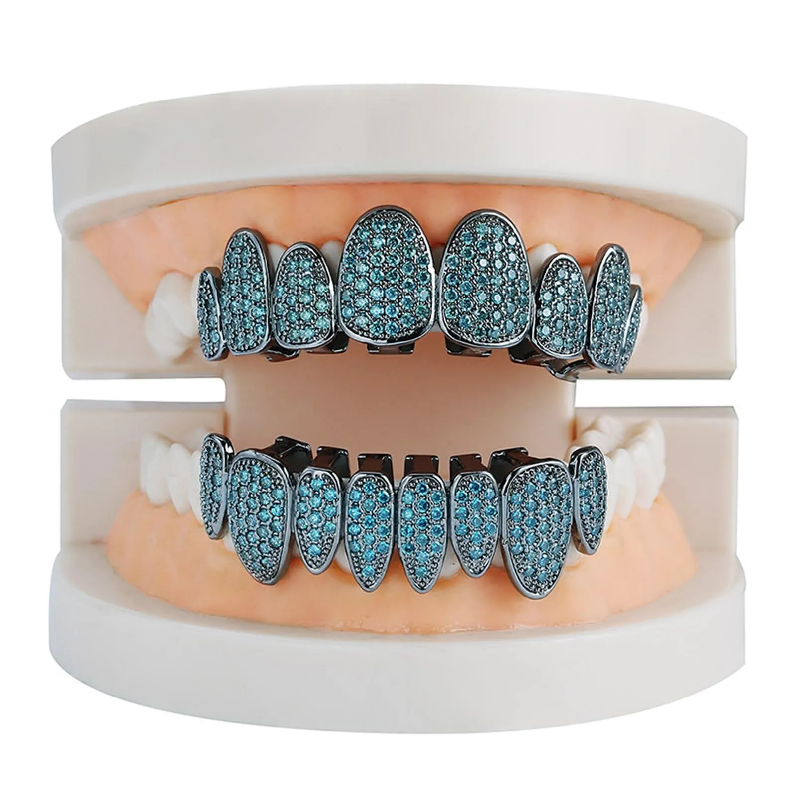 AHTCPO Set di Grillz Hip Hop Placcati Oro con Strass CZ Multicolore, Dentari Superiori e Inferiori Regolabili (Emerald Green) - immagine 3