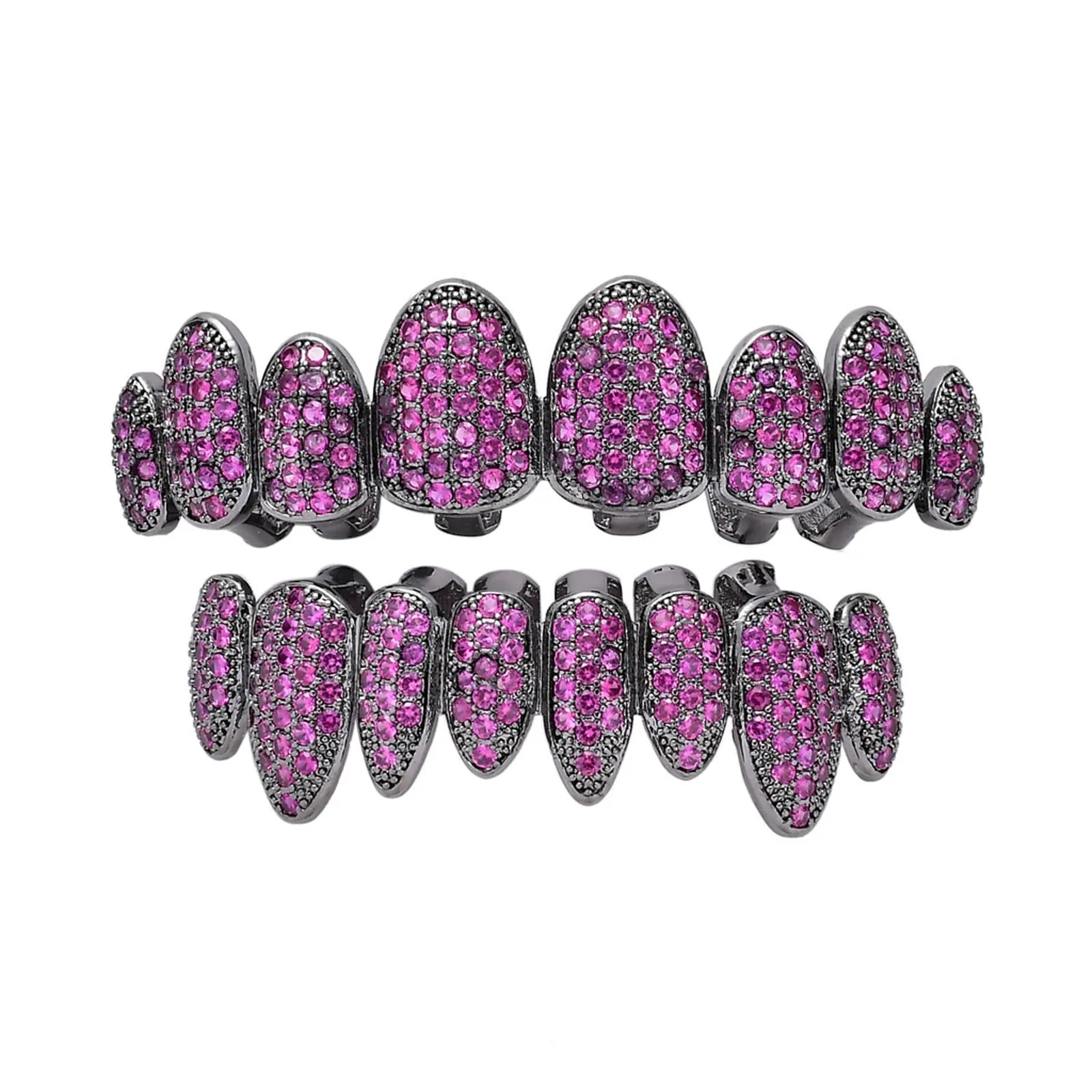 AHTCPO Set di Grillz Hip Hop Placcati Oro con Strass CZ Multicolore, Superiori e Inferiori Regolabili (Rose Red) - immagine 1
