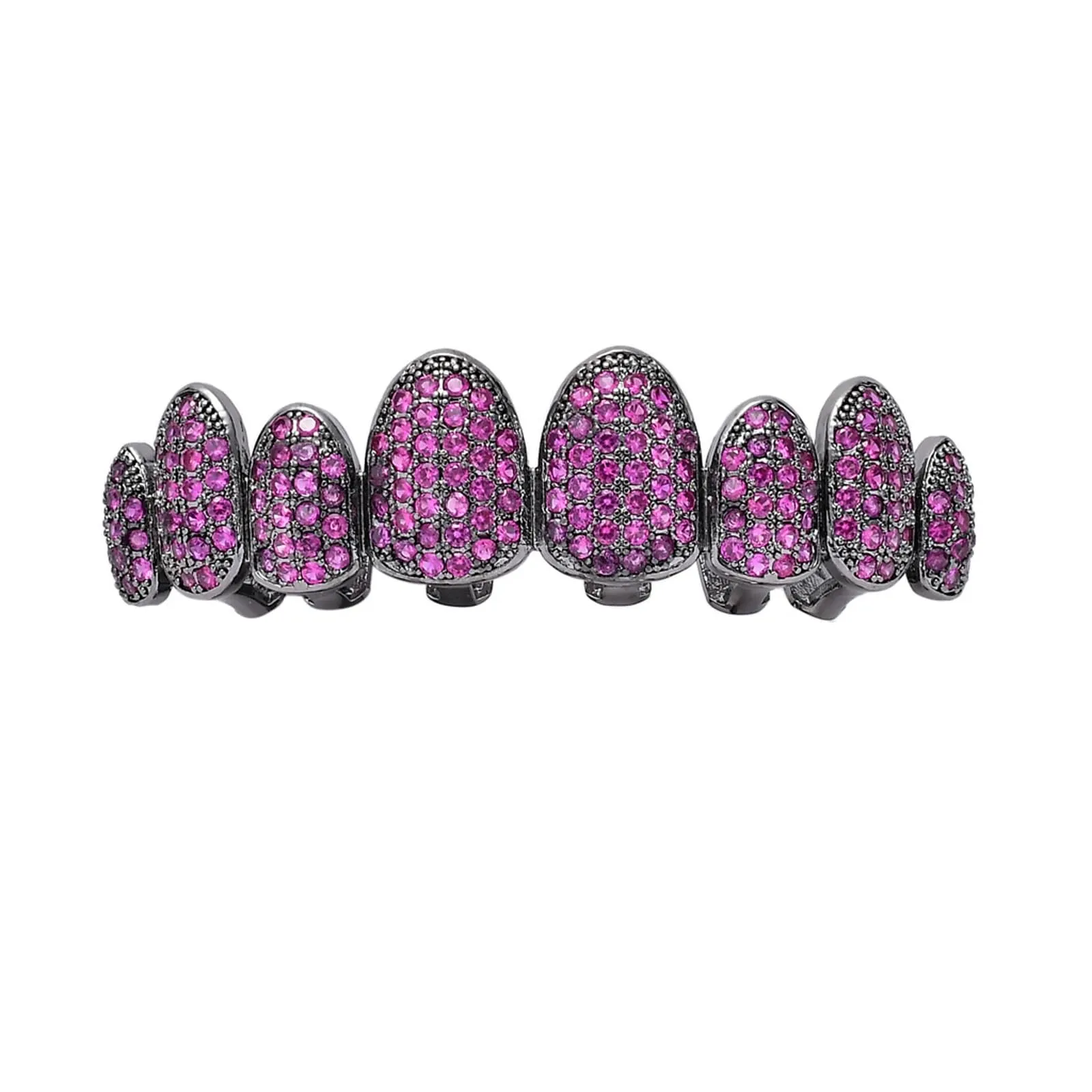 AHTCPO Set Grillz Hip Hop Placcati Oro con Strass CZ Multicolore, Dentari Superiori e Inferiori Regolabili (Rose Red Upper Teeth) - immagine 1