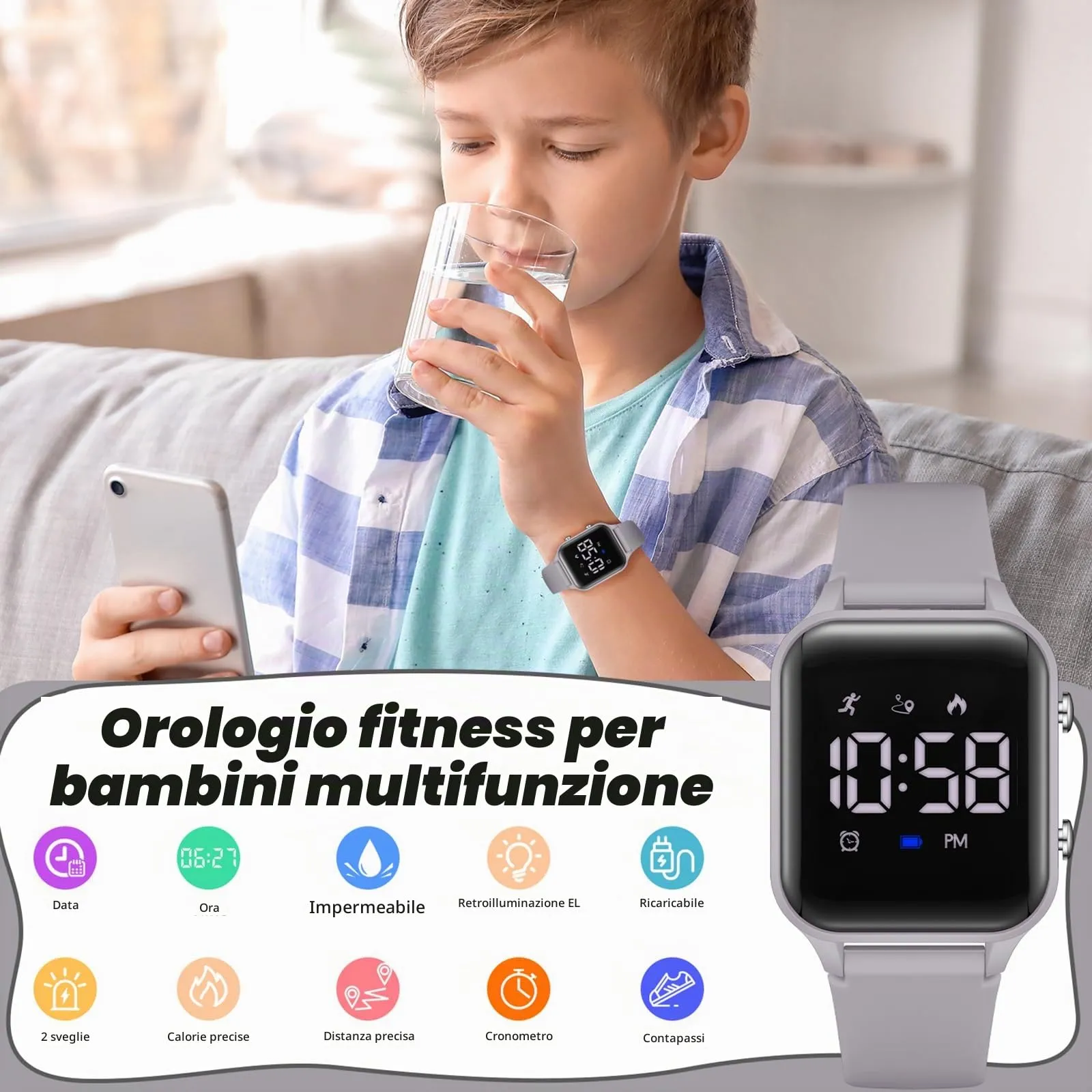 Timever Orologio Digitale per Bambini con Contapassi, Sveglia, Cronometro e Luce - L6615E-G - immagine 4