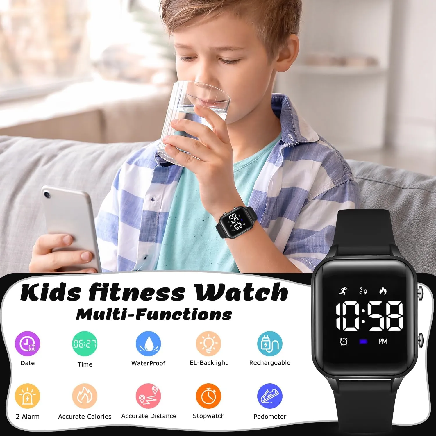 Timever Orologio Digitale per Bambini con Contapassi, Sveglia, Cronometro, Luce e Data - Cinturino in Silicone - immagine 4