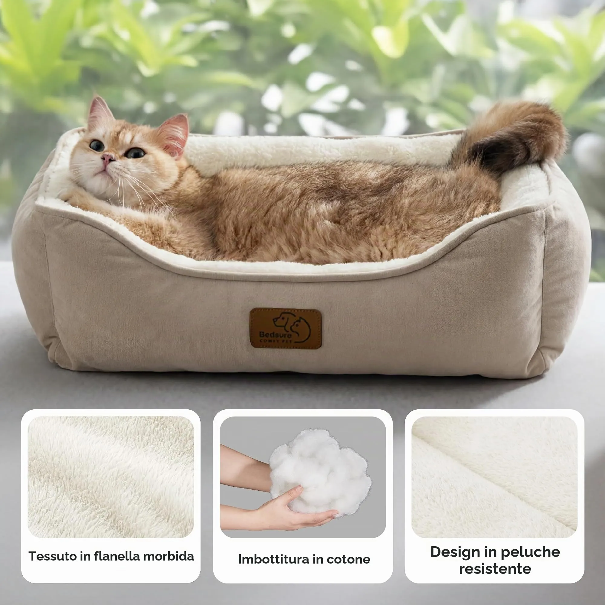 Bedsure Cuccia Rettangolare per Cani e Gatti, Lavabile con Fondo Antiscivolo, 63,5 x 53 cm, Cammello - immagine 2