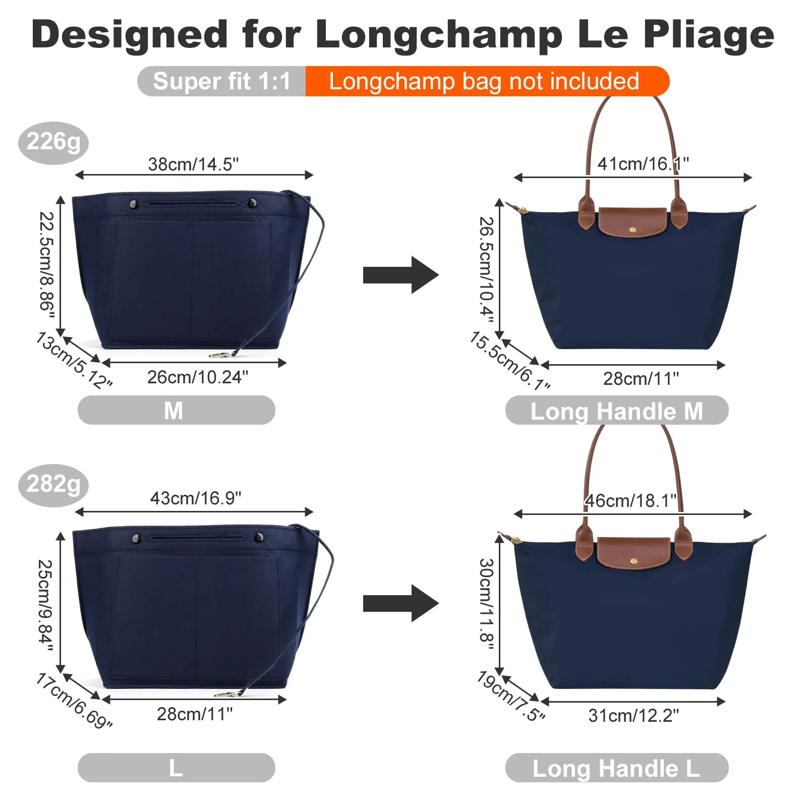ZOLGINAH Organizer per borse Longchamp, Impermeabile, Multitasche con Portachiavi e Chiusura Lampo, Blu, M - immagine 2