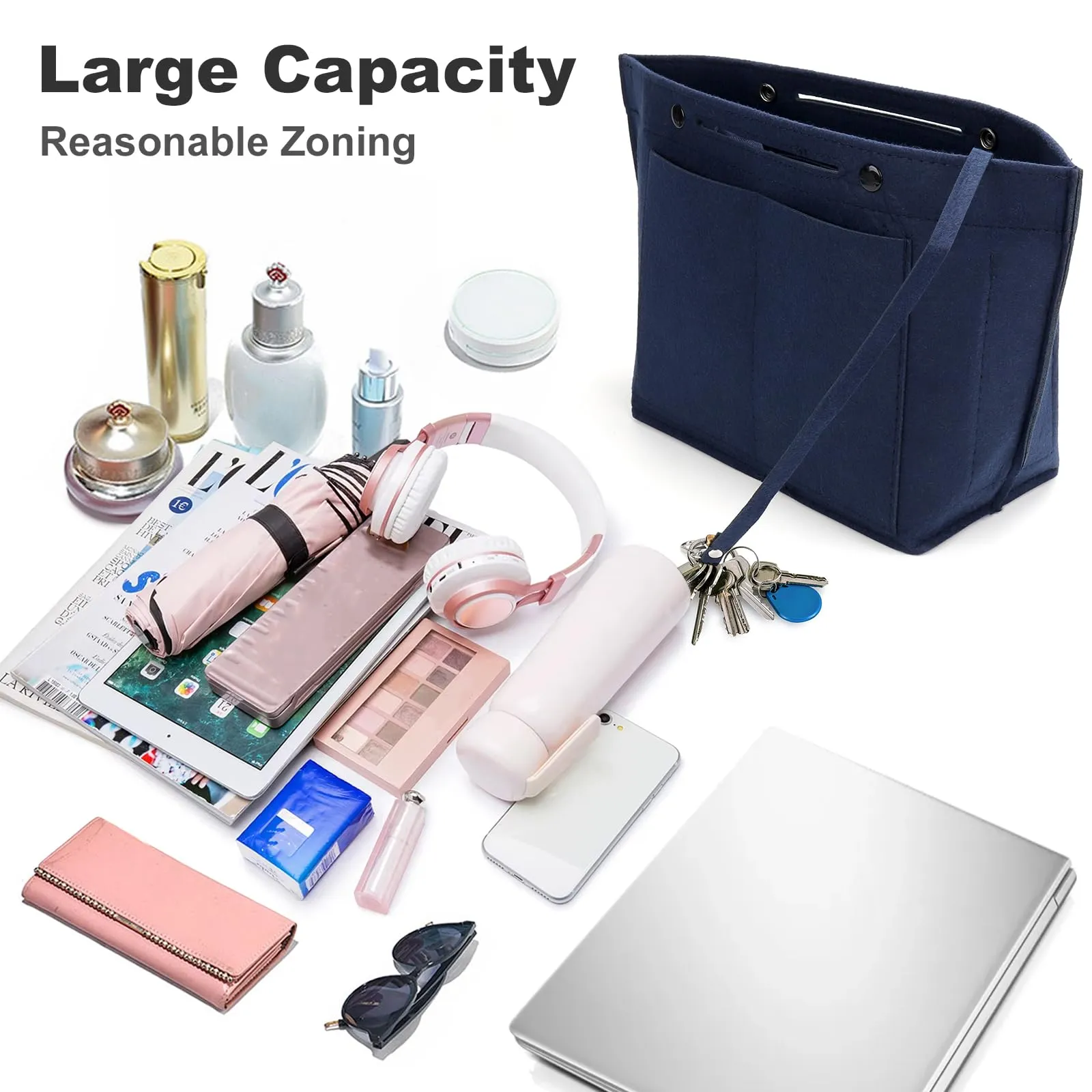 ZOLGINAH Organizer per borse Longchamp, Impermeabile, Multitasche con Portachiavi e Chiusura Lampo, Blu, M - immagine 3