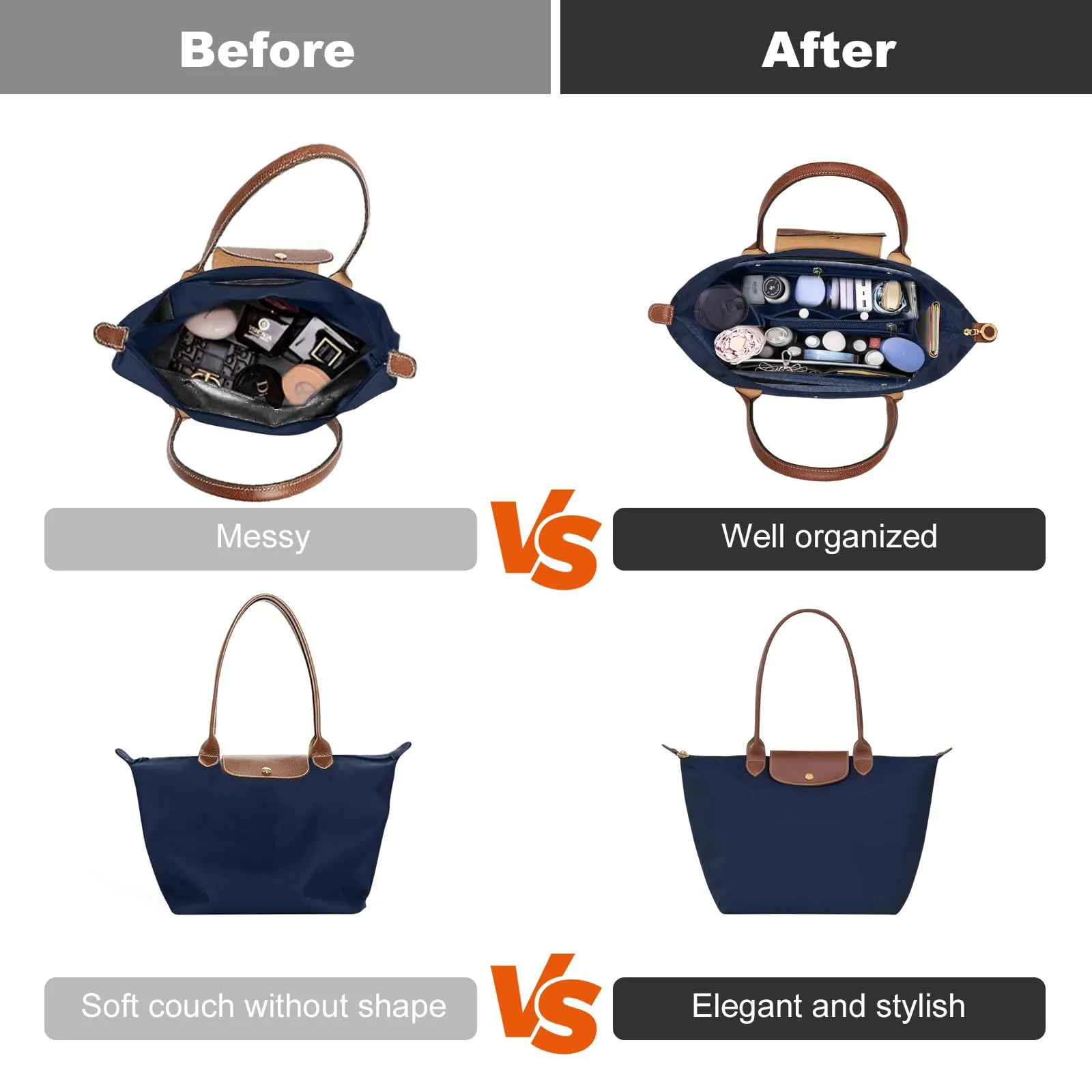 ZOLGINAH Organizer per borse Longchamp, Impermeabile, Multitasche con Portachiavi e Chiusura Lampo, Blu, M - immagine 6