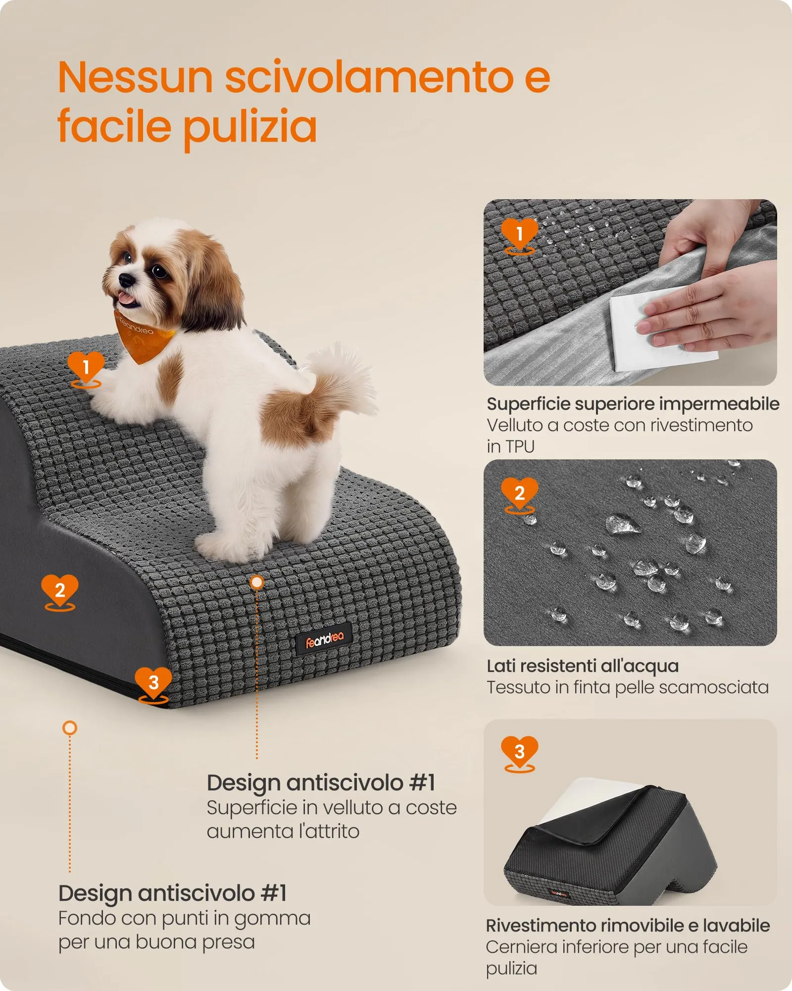 Feandrea Scaletta per Cani, 2 Gradini in Schiuma Antiscivolo, Grigio Ardesia - immagine 5