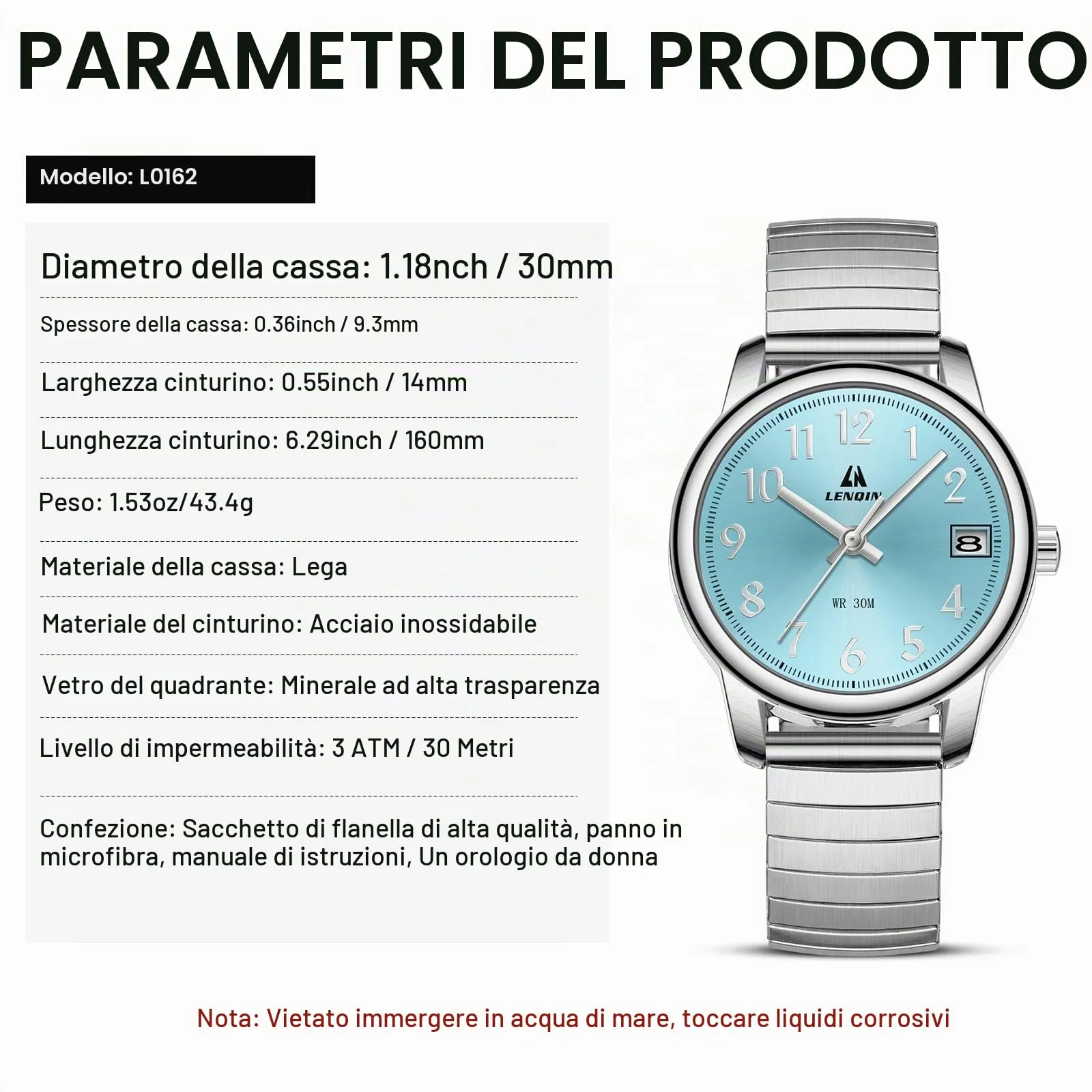 LN LENQIN Orologio Donna Acciaio Inossidabile Analogico Quarzo 3ATM L0162 - immagine 7