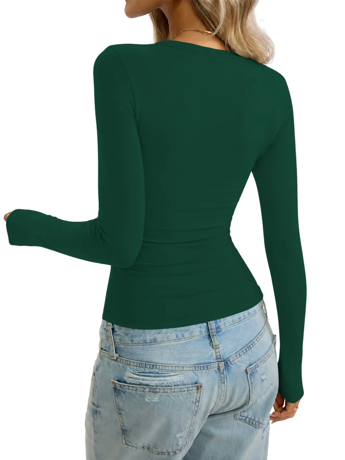 Cuptacc Maglietta a maniche lunghe da donna, girocollo, slim fit, tinta unita, verde scuro, S - immagine 5