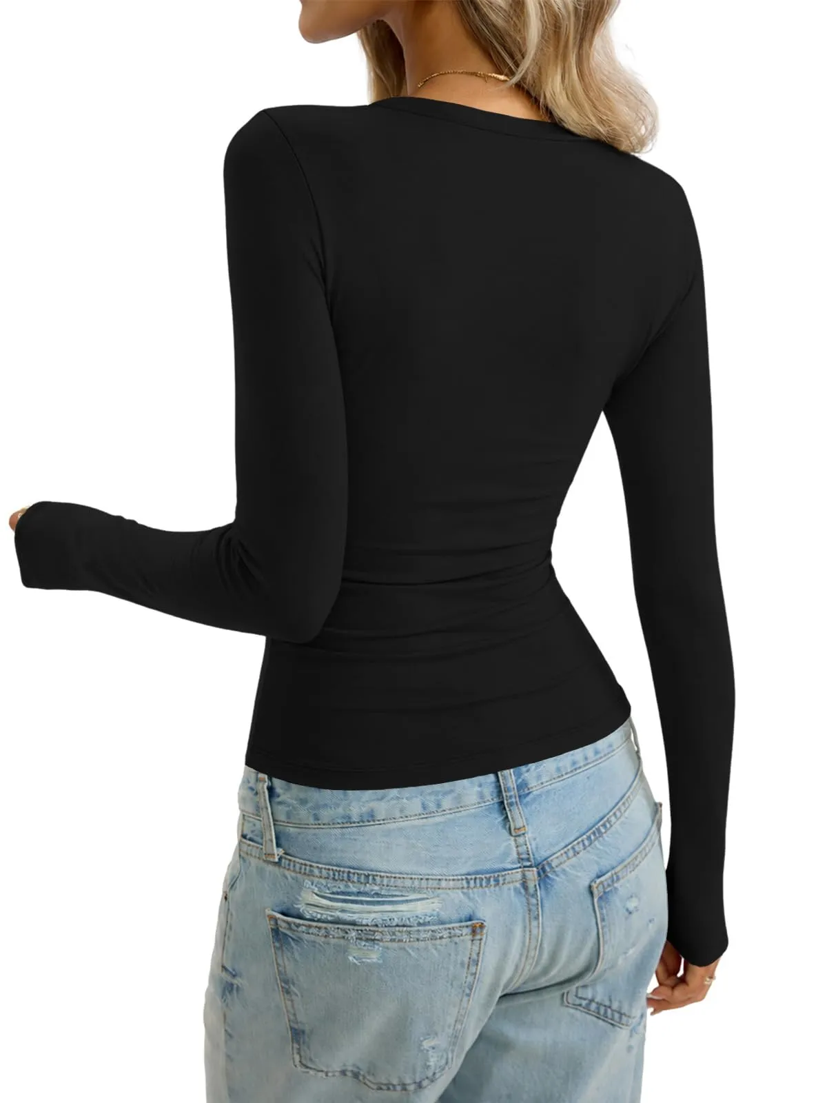 Cuptacc Maglietta a maniche lunghe da donna girocollo slim fit, Tinta unita, Nero, XS - immagine 5