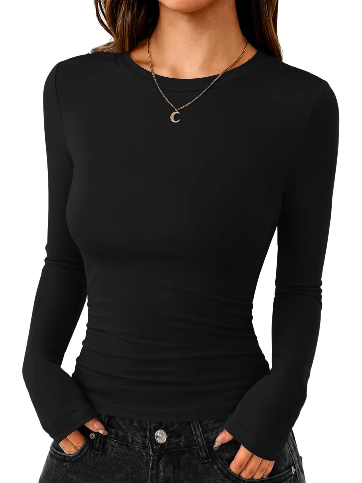Cuptacc Maglietta a maniche lunghe da donna, girocollo, basic, slim fit, tinta unita, Nero, M - immagine 2
