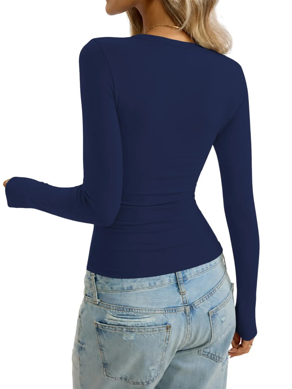 Cuptacc Maglietta a maniche lunghe da donna, girocollo, slim fit, tinta unita, Blu Mare, XS - immagine 5