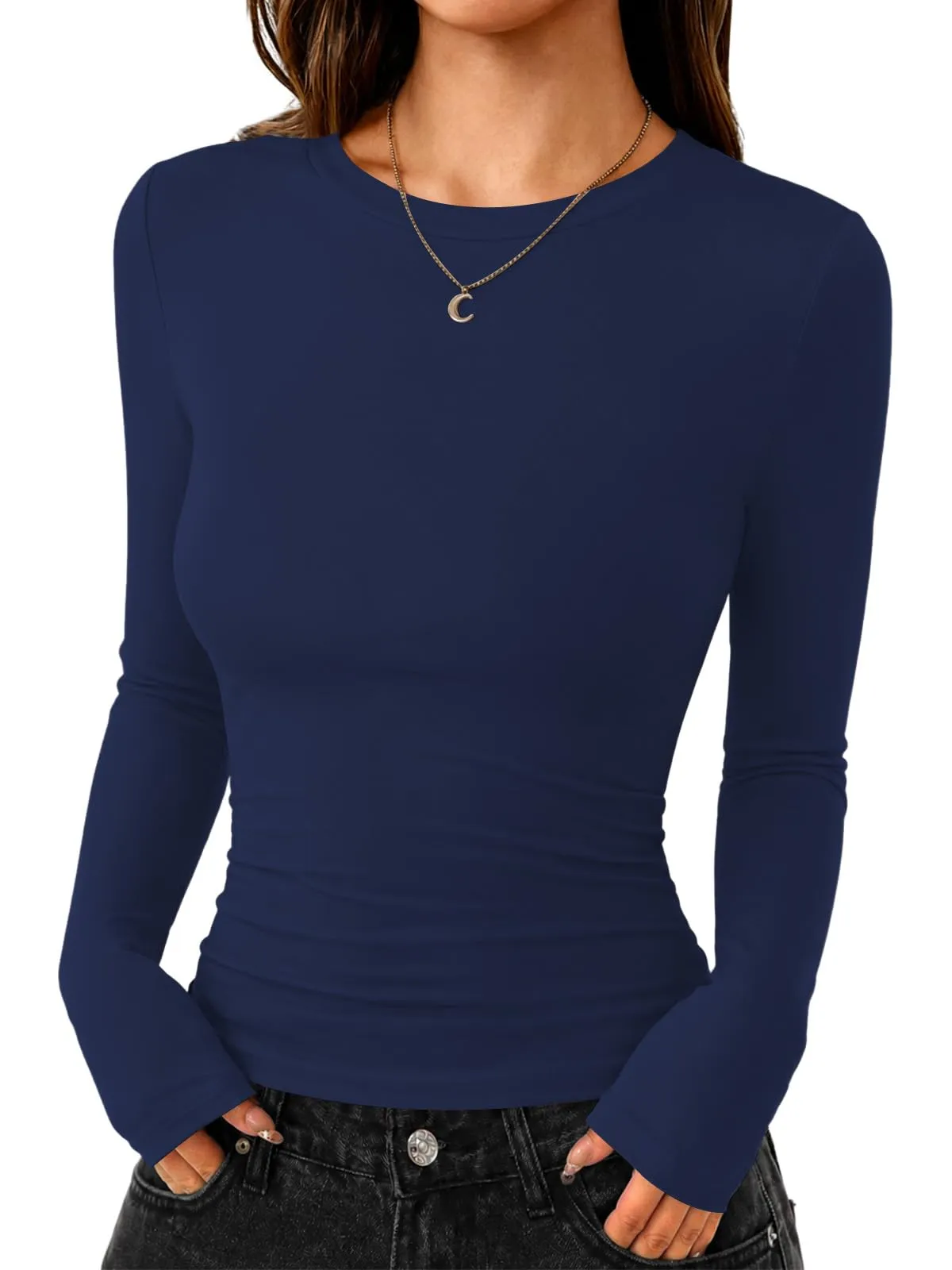 Cuptacc Maglietta a maniche lunghe da donna, girocollo, slim fit, tinta unita - immagine 2