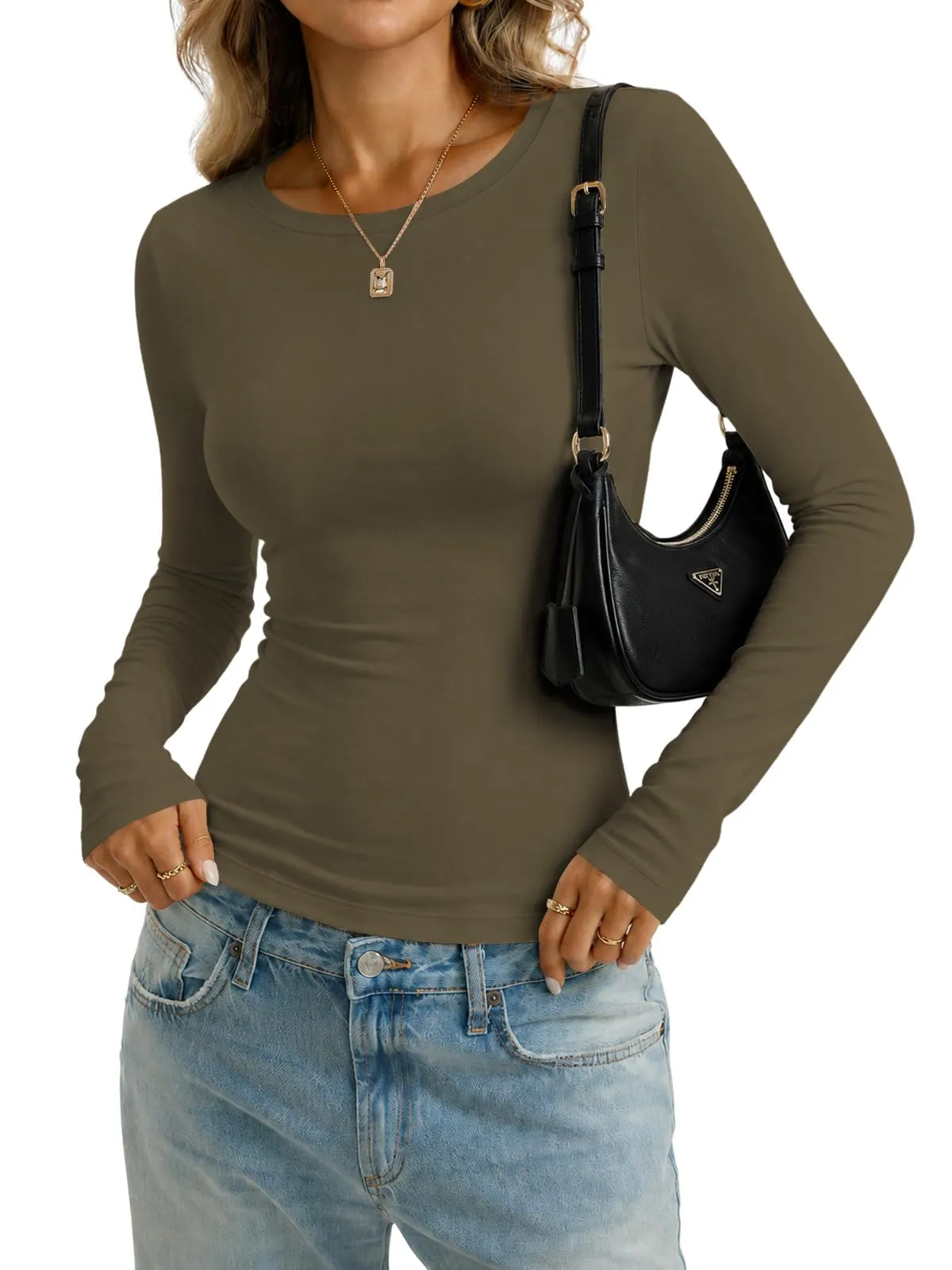 Cuptacc Maglietta a maniche lunghe da donna, girocollo, slim fit, Grigio Caffè, XS - immagine 3