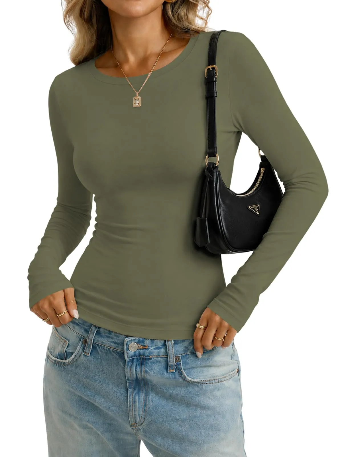 Cuptacc Maglietta a maniche lunghe da donna, girocollo, basic, slim fit, tinta unita - immagine 3
