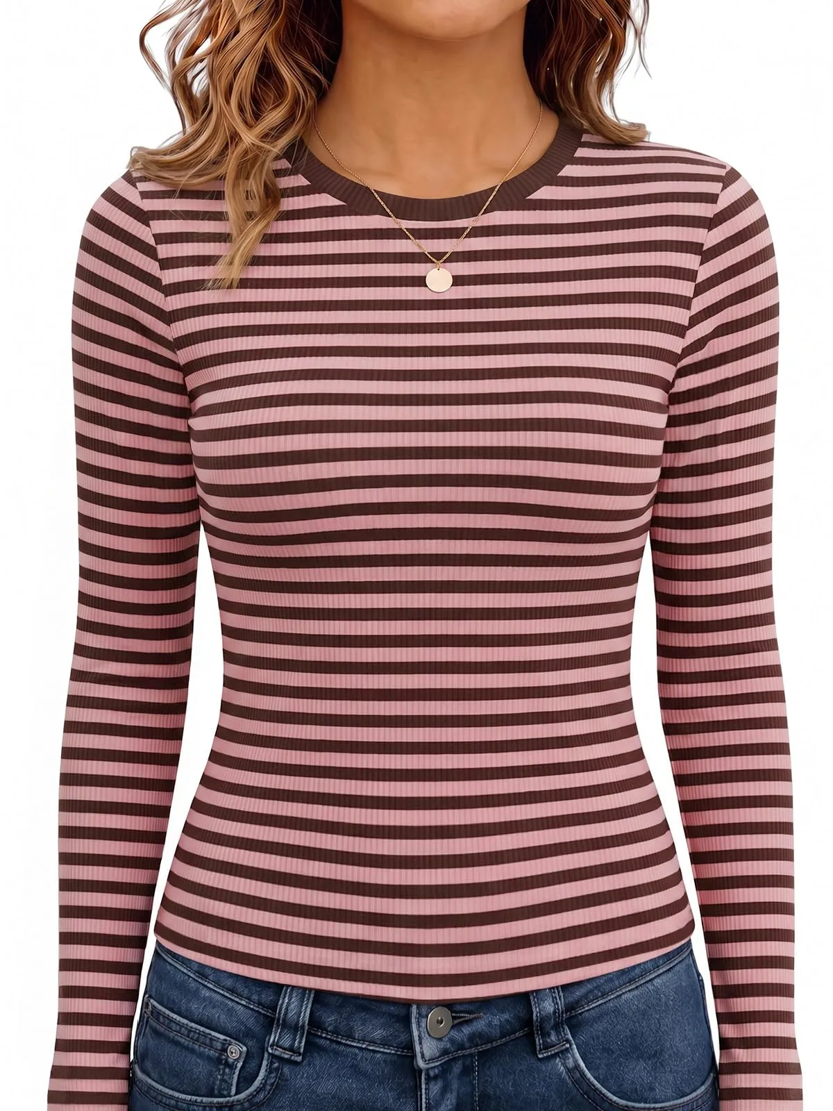 Cuptacc Maglietta a maniche lunghe da donna, girocollo, slim fit, a strisce, Rosa Marrone, XL - immagine 1