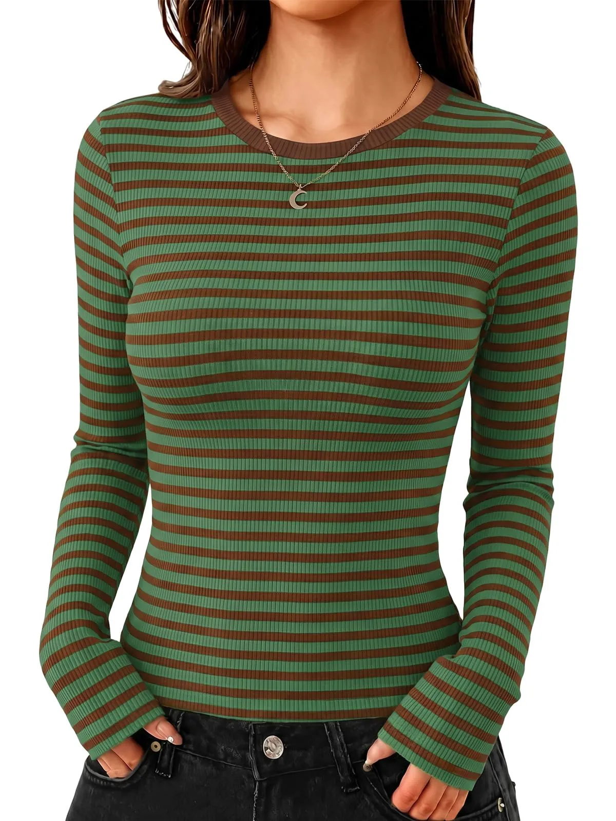 Cuptacc Maglietta a maniche lunghe da donna, girocollo, slim fit, a strisce, Verde-marrone, XS - immagine 2