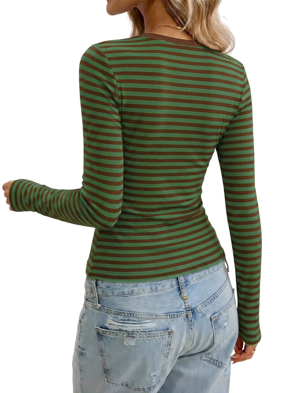 Cuptacc Maglietta a maniche lunghe da donna, girocollo, slim fit, a strisce, Verde-marrone, XS - immagine 5
