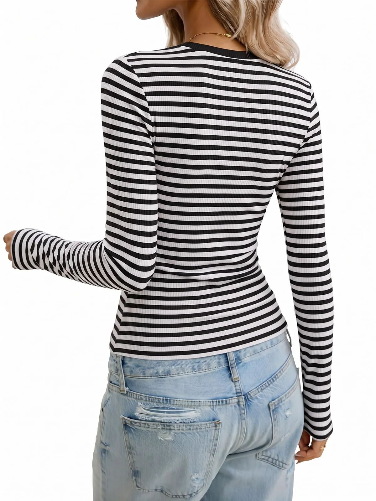 Cuptacc Maglietta a maniche lunghe da donna, girocollo, slim fit, a strisce, XL - immagine 5
