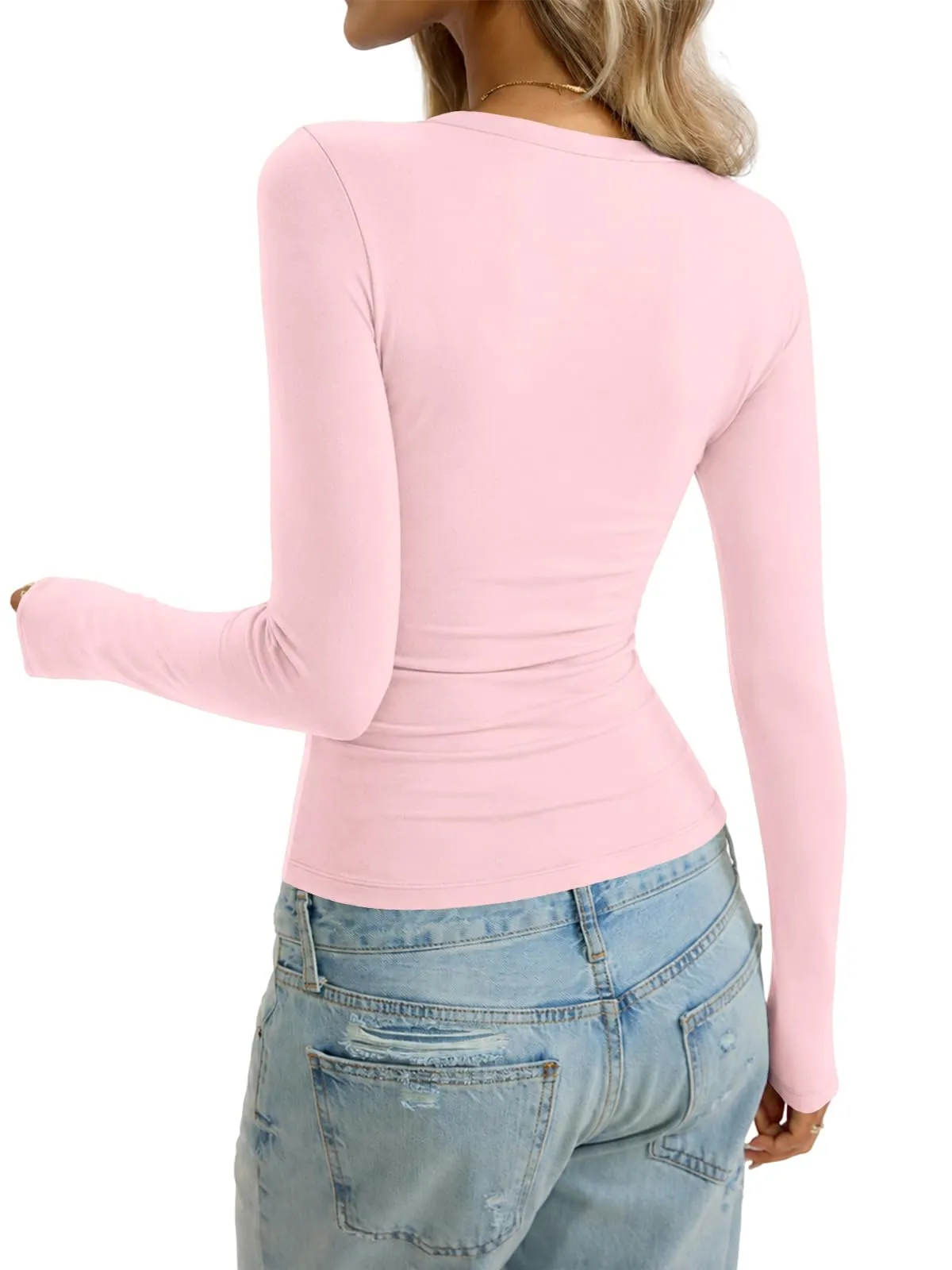 Cuptacc Maglietta a maniche lunghe da donna, girocollo, tinta unita, rosa - immagine 5