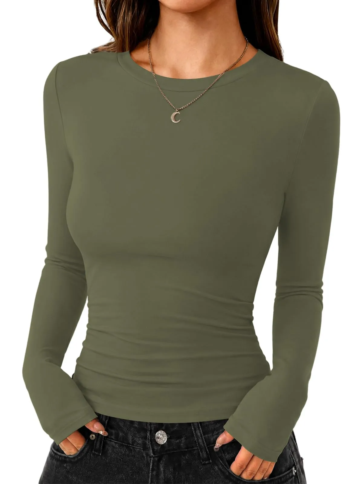Cuptacc Maglietta a maniche lunghe da donna, girocollo, basic slim fit, tinta unita, Verde Militare, XS - immagine 2