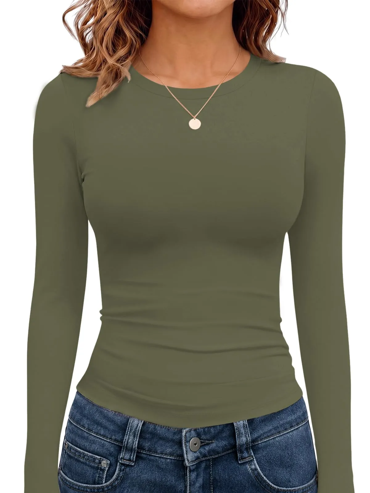 Cuptacc Maglietta a maniche lunghe da donna, girocollo, slim fit, tinta unita - immagine 1