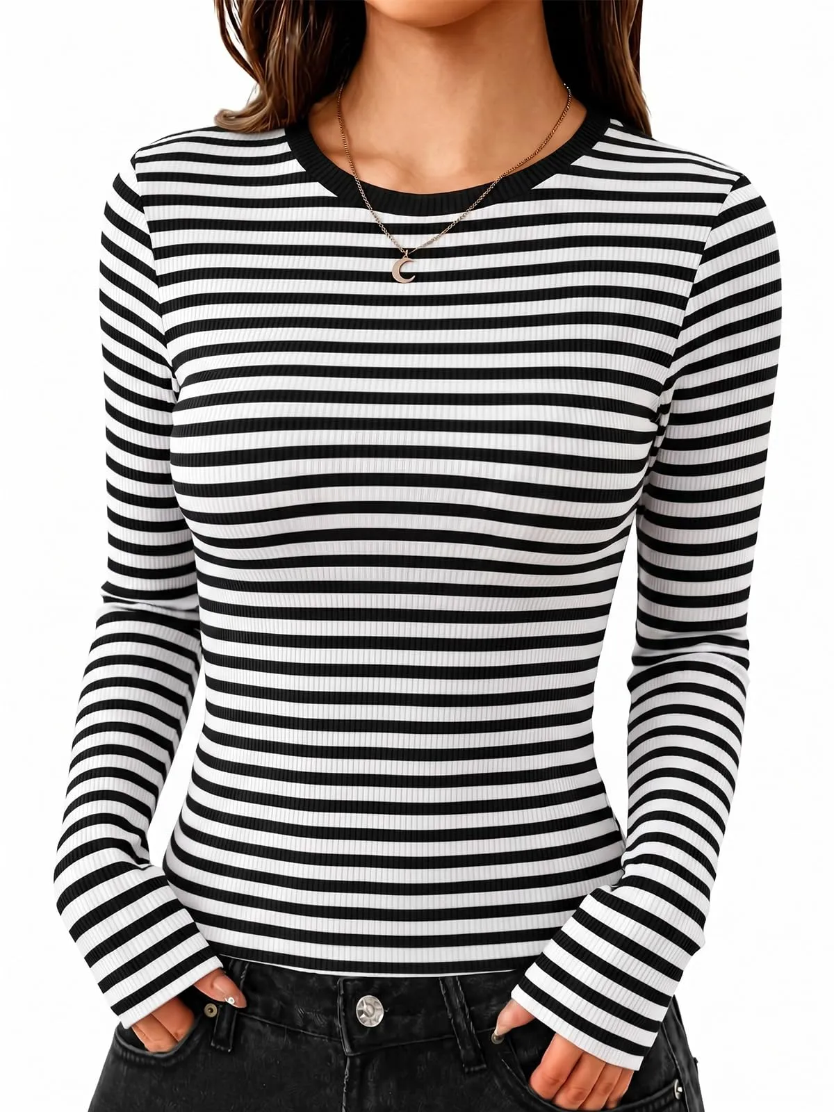 Cuptacc Maglietta a Maniche Lunghe Donna Slim Fit a Strisce - immagine 2