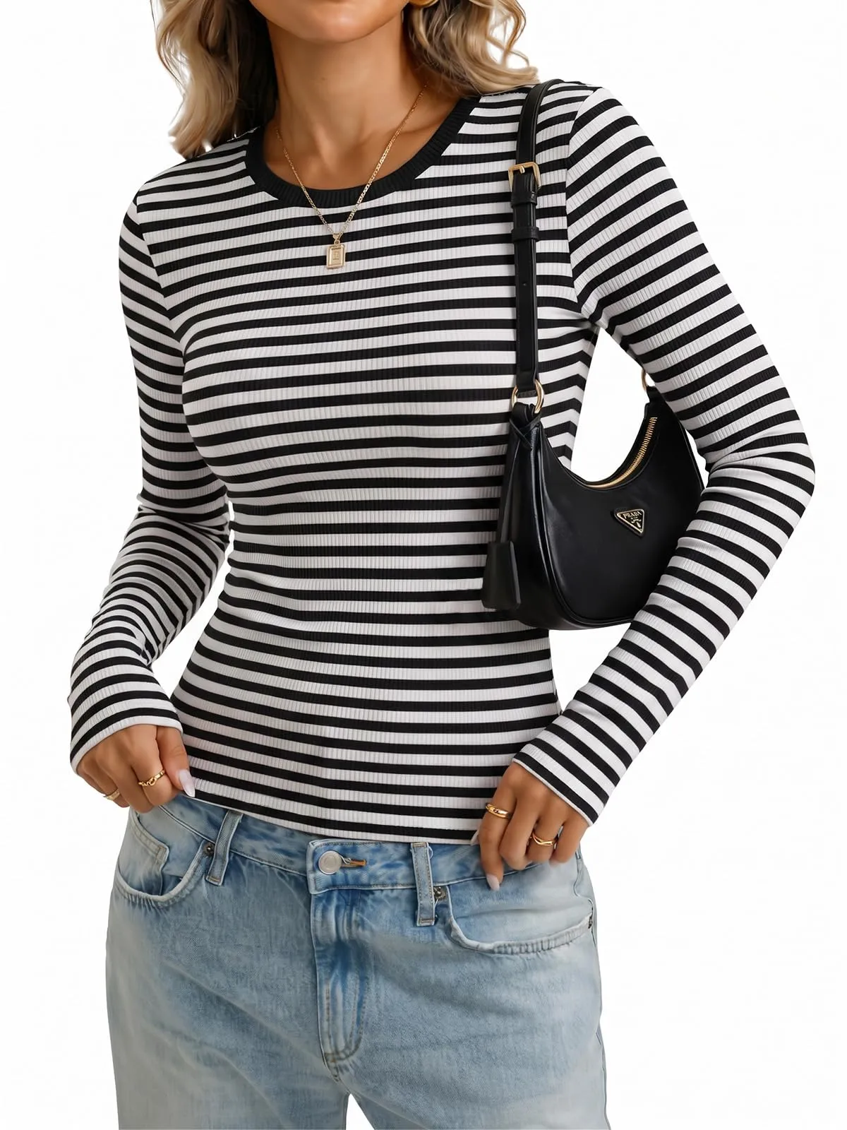 Cuptacc Maglietta a maniche lunghe da donna, girocollo, slim fit, a strisce - immagine 3