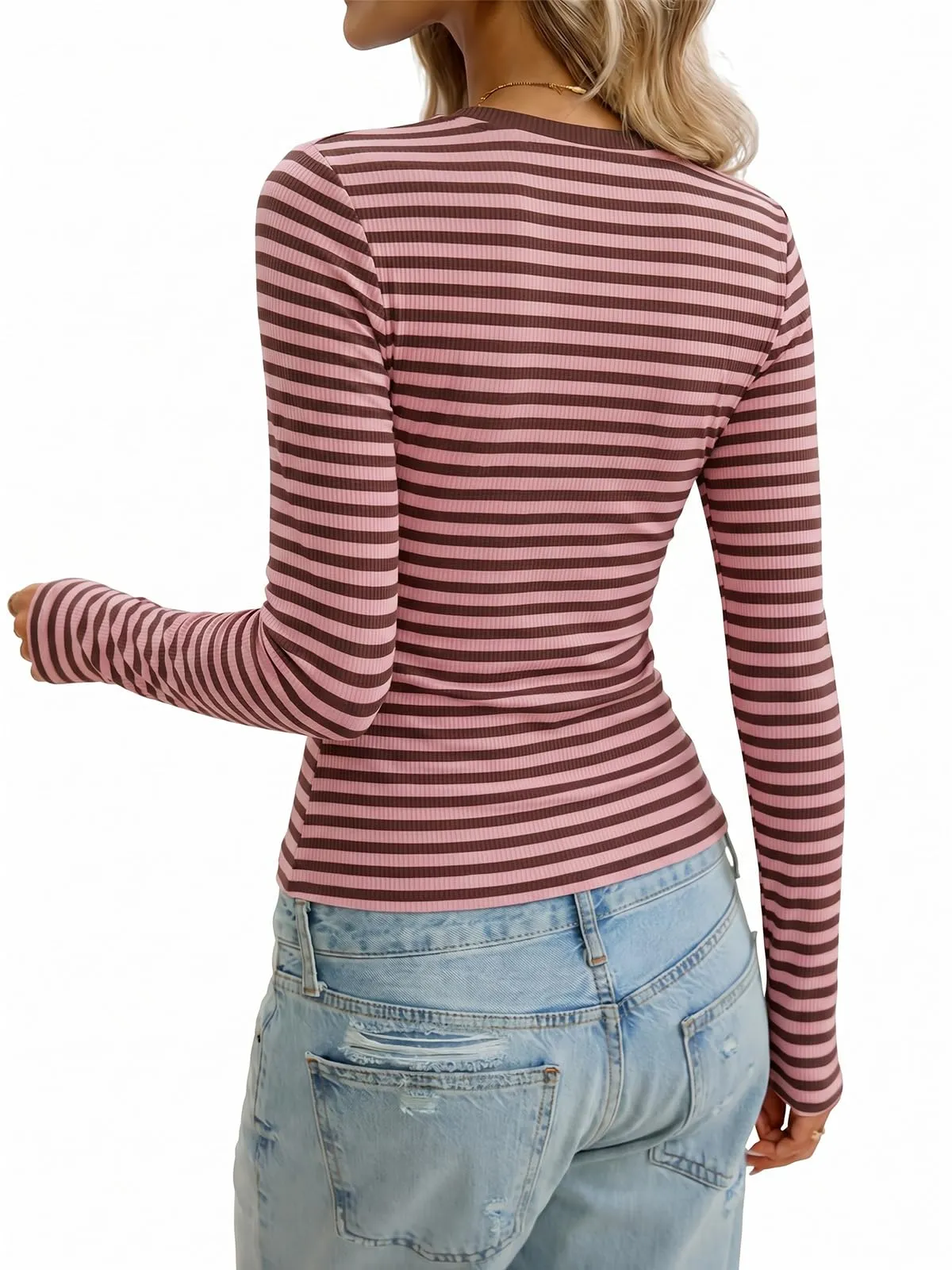 Cuptacc Maglietta a maniche lunghe da donna girocollo slim fit a strisce - immagine 5