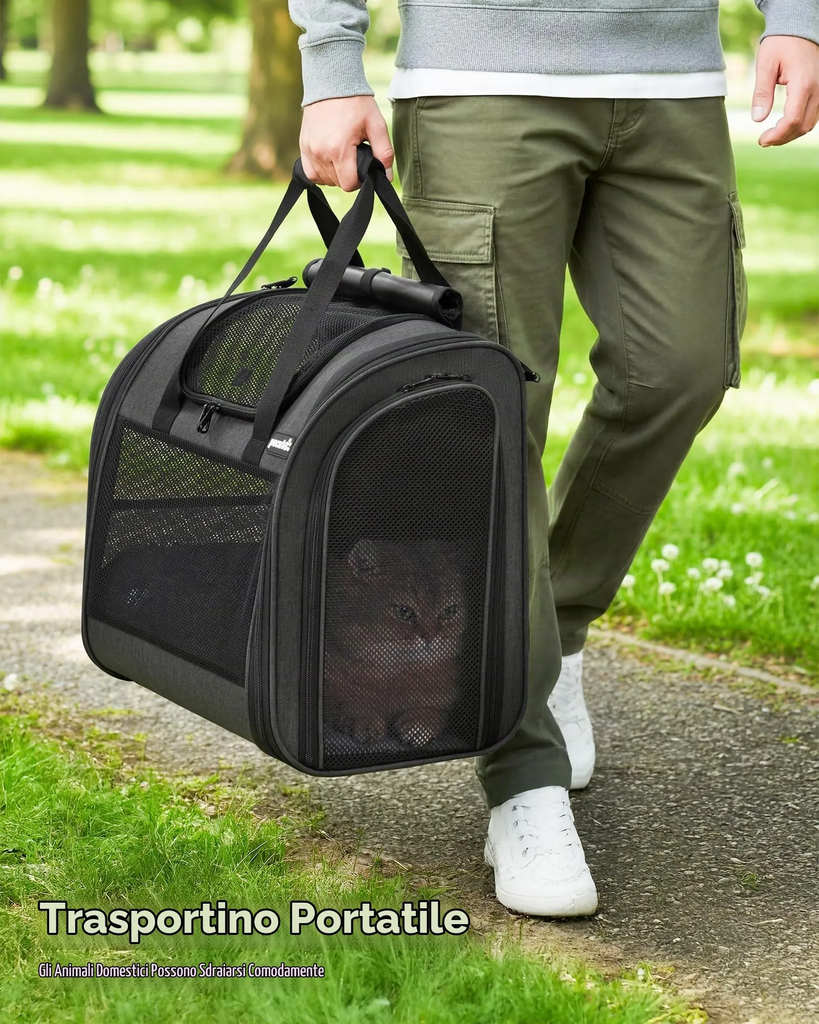 Pecute Zaino per Gatti e Cuccioli, Design Ventilato e Pieghevole, con Cinghia di Sicurezza, Grigio Scuro - immagine 2