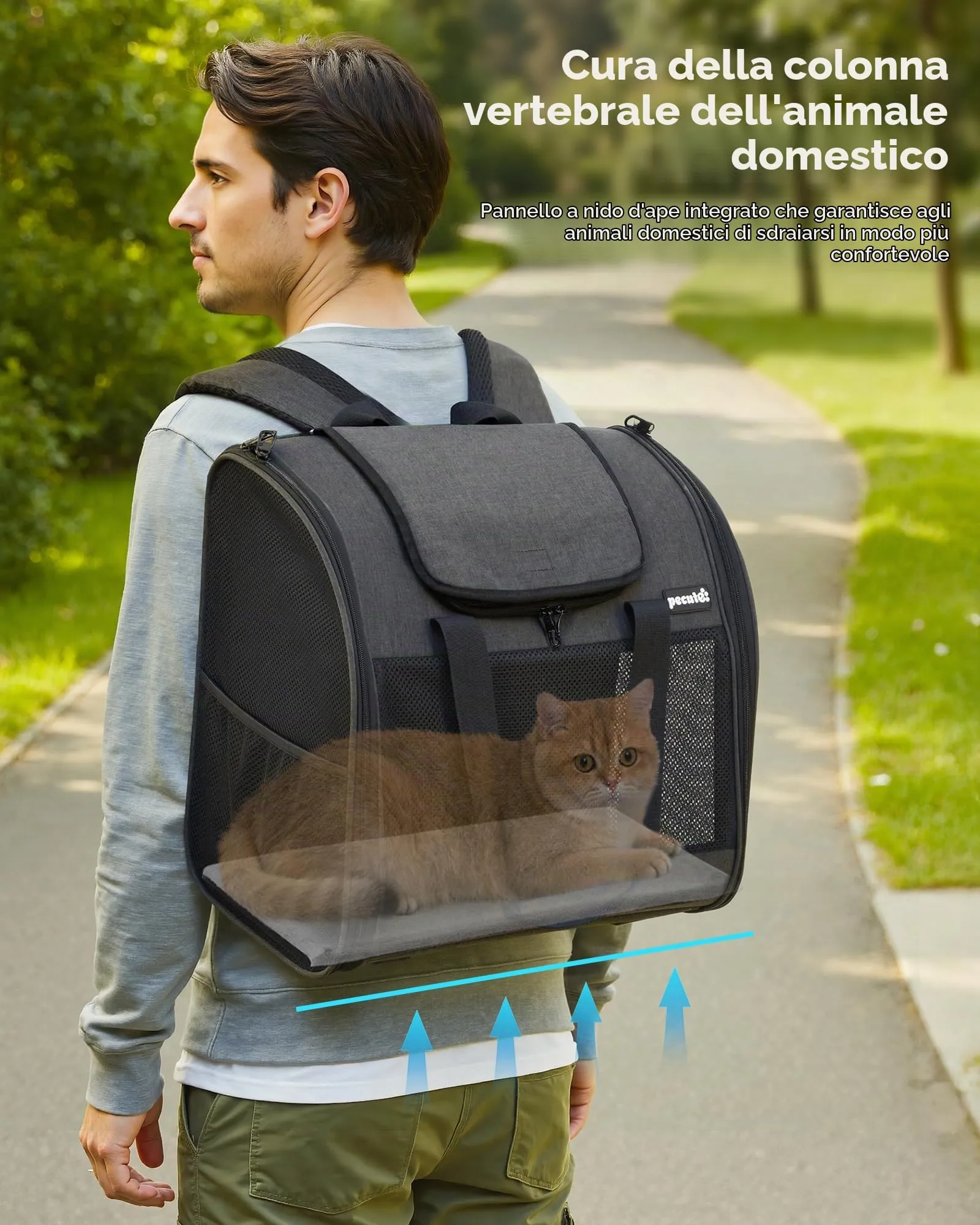 Pecute Zaino per Gatti e Cuccioli, Design Ventilato e Pieghevole, con Cinghia di Sicurezza, Grigio Scuro - immagine 7
