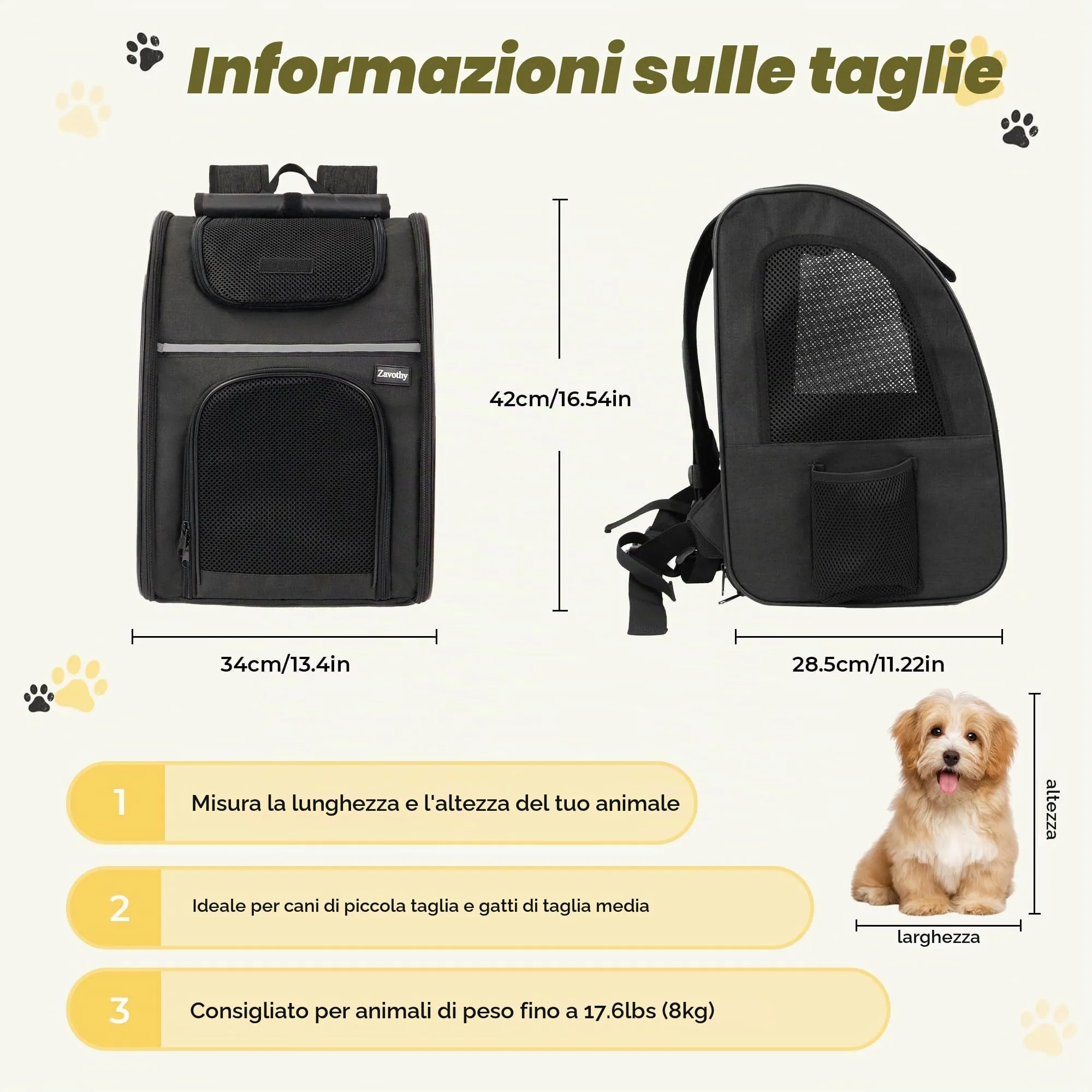 Zavothy Zaino Trasportino per Cani e Gatti, Pieghevole e Traspirante, Nero - immagine 2