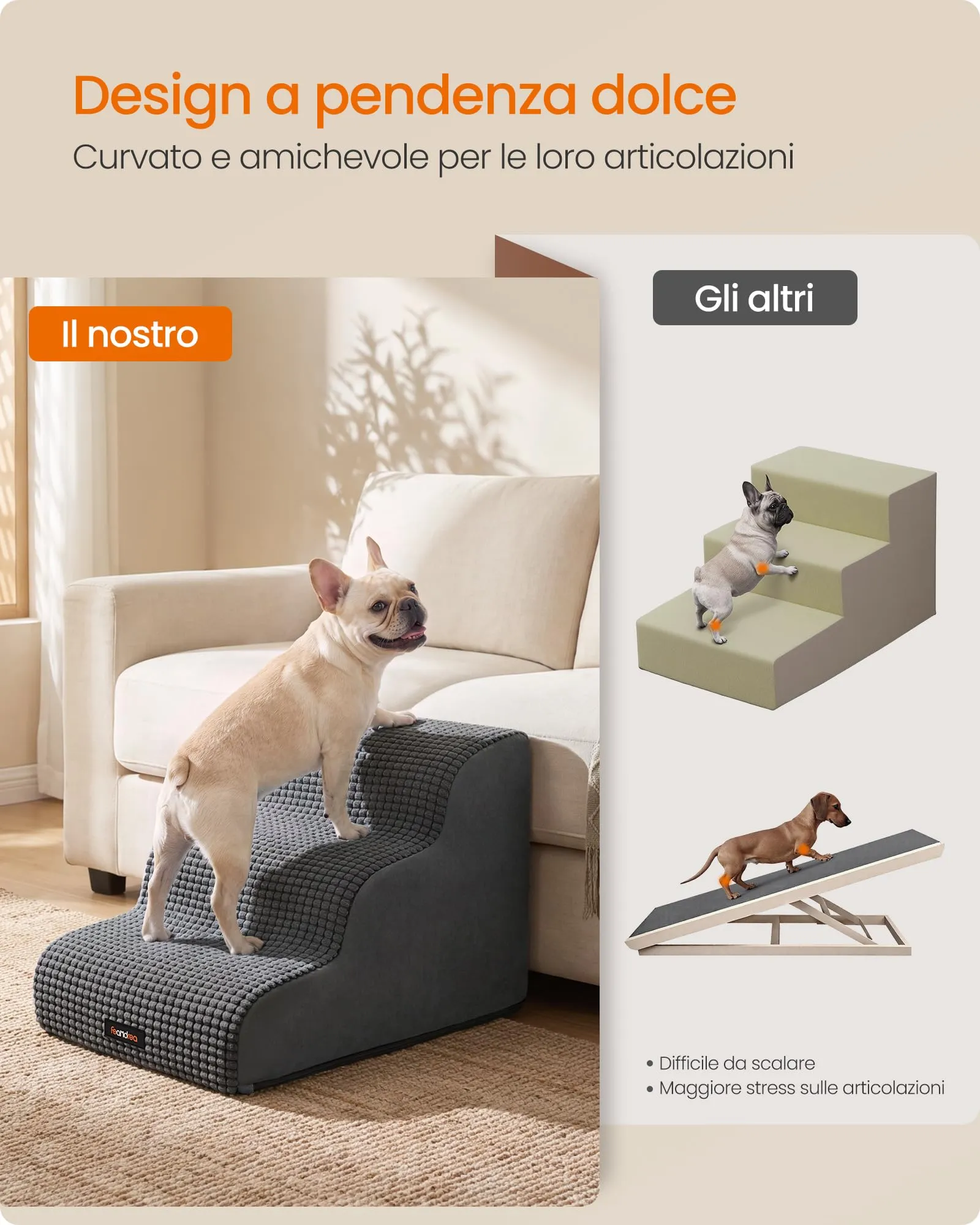Feandrea Scaletta per Cani, 3 Gradini in Schiuma, Antiscivolo, Grigio Ardesia - immagine 3