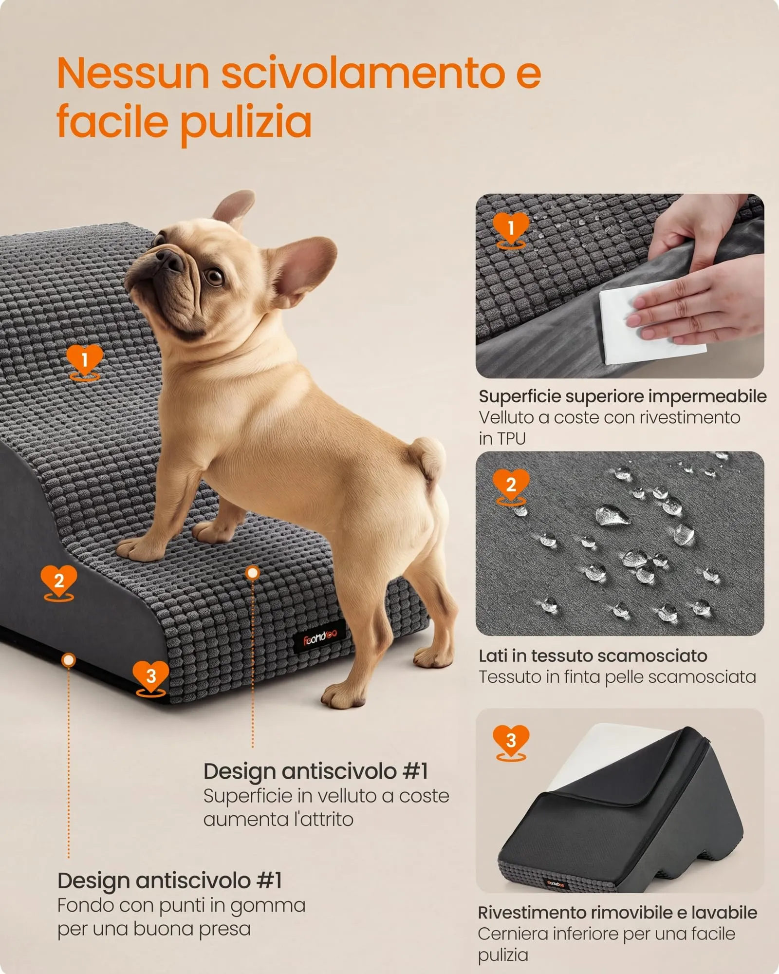 Feandrea Scaletta per Cani, 3 Gradini in Schiuma, Antiscivolo, Grigio Ardesia - immagine 5
