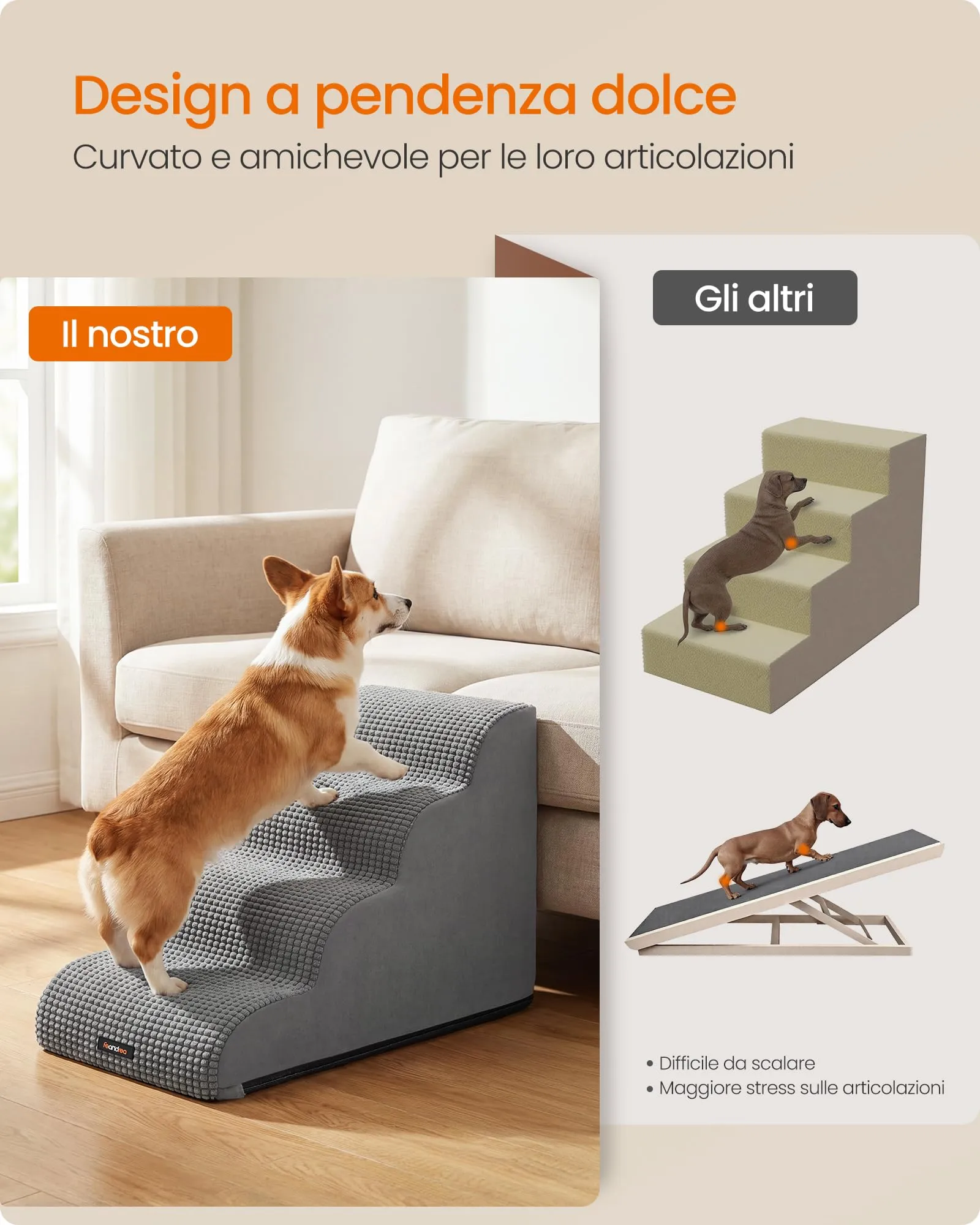 Feandrea Scaletta per Cani, 4 Gradini in Schiuma, Antiscivolo, Grigio Tortora - immagine 4