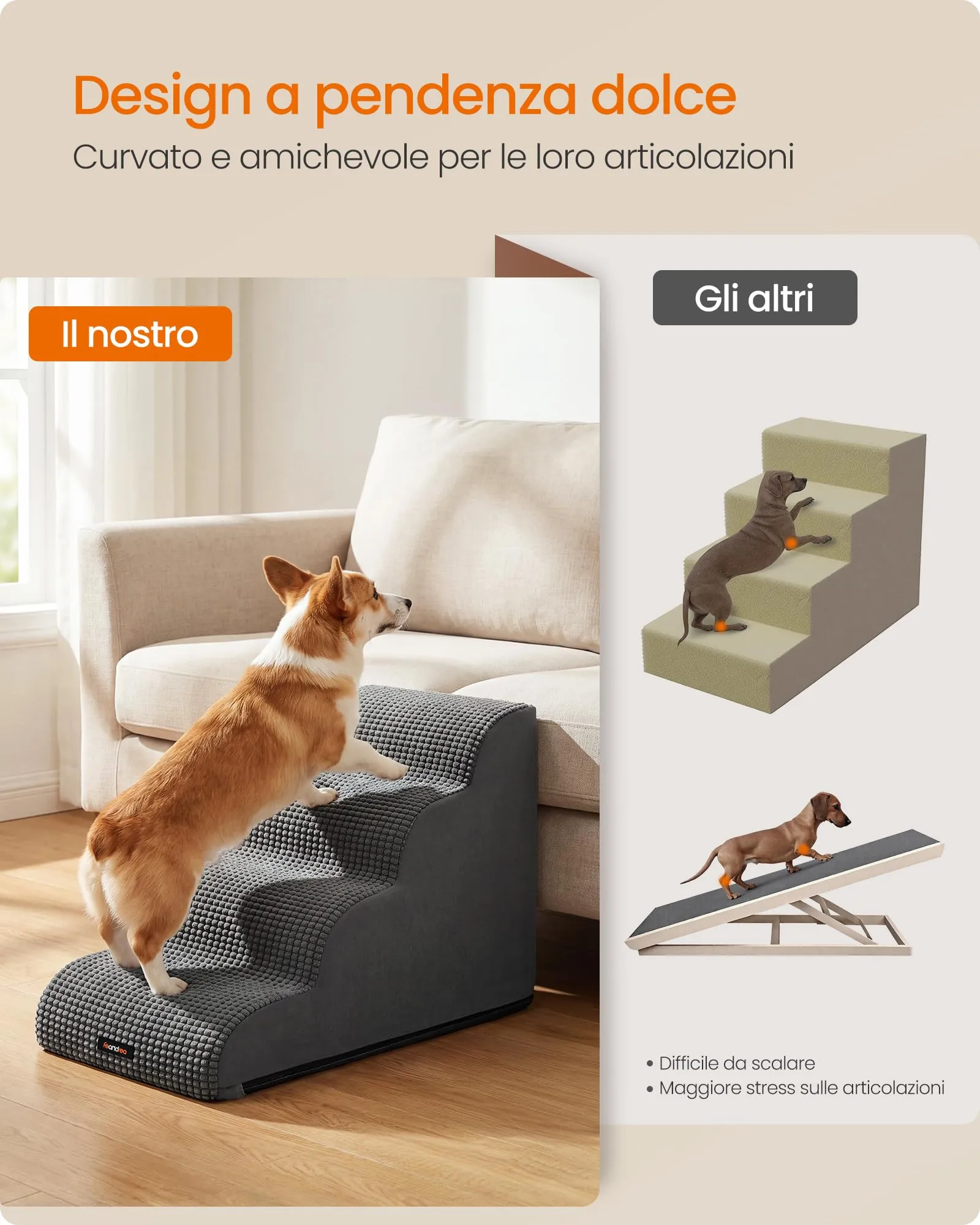 Feandrea Scaletta per Cani, 4 Gradini in Schiuma, Antiscivolo, Grigio Ardesia - immagine 4