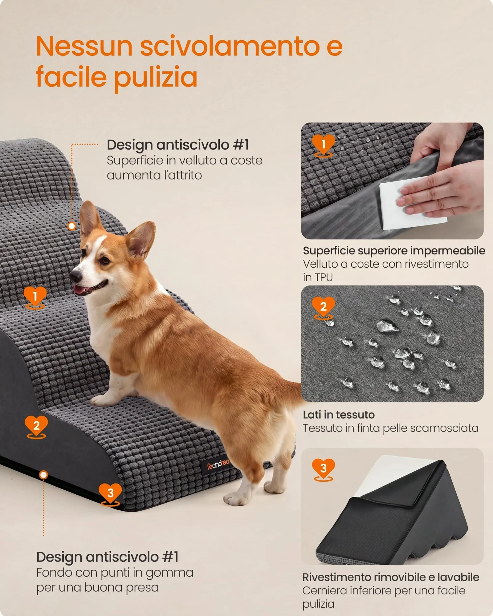 Feandrea Scaletta per Cani, 4 Gradini in Schiuma, Antiscivolo, Grigio Ardesia - immagine 6