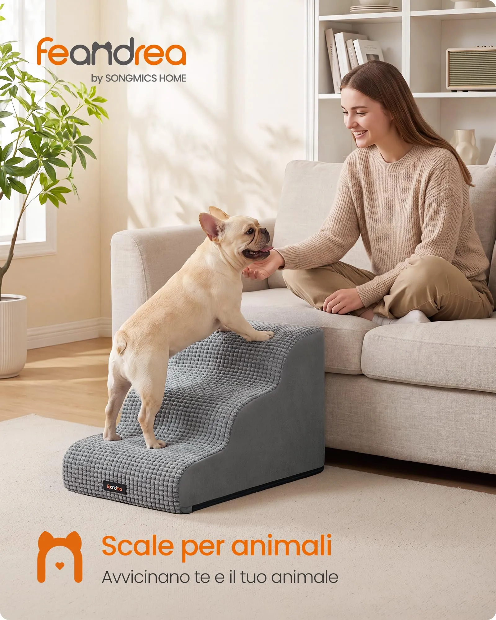 Feandrea Scaletta per Cani, 3 Gradini in Schiuma Antiscivolo, Grigio Tortora - immagine 3