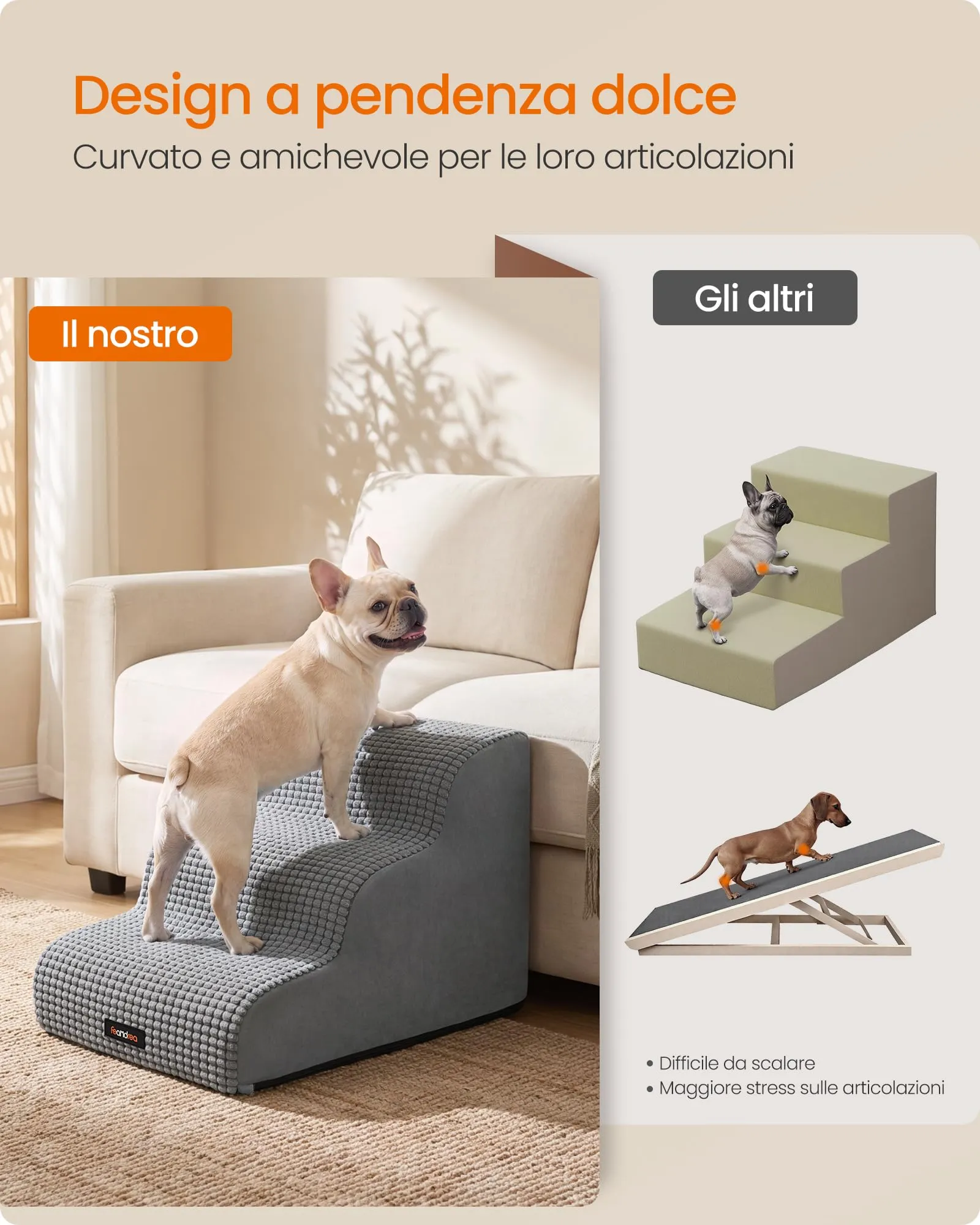 Feandrea Scaletta per Cani, 3 Gradini in Schiuma Antiscivolo, Grigio Tortora - immagine 4