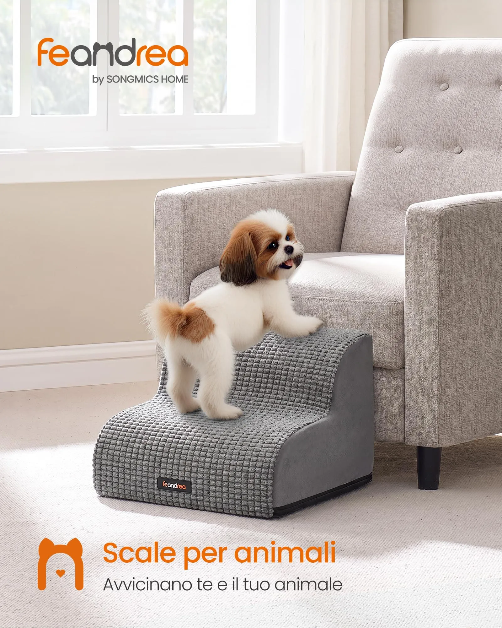 Feandrea Scaletta per Cani, 2 Gradini in Schiuma Antiscivolo, Grigio Tortora - immagine 2