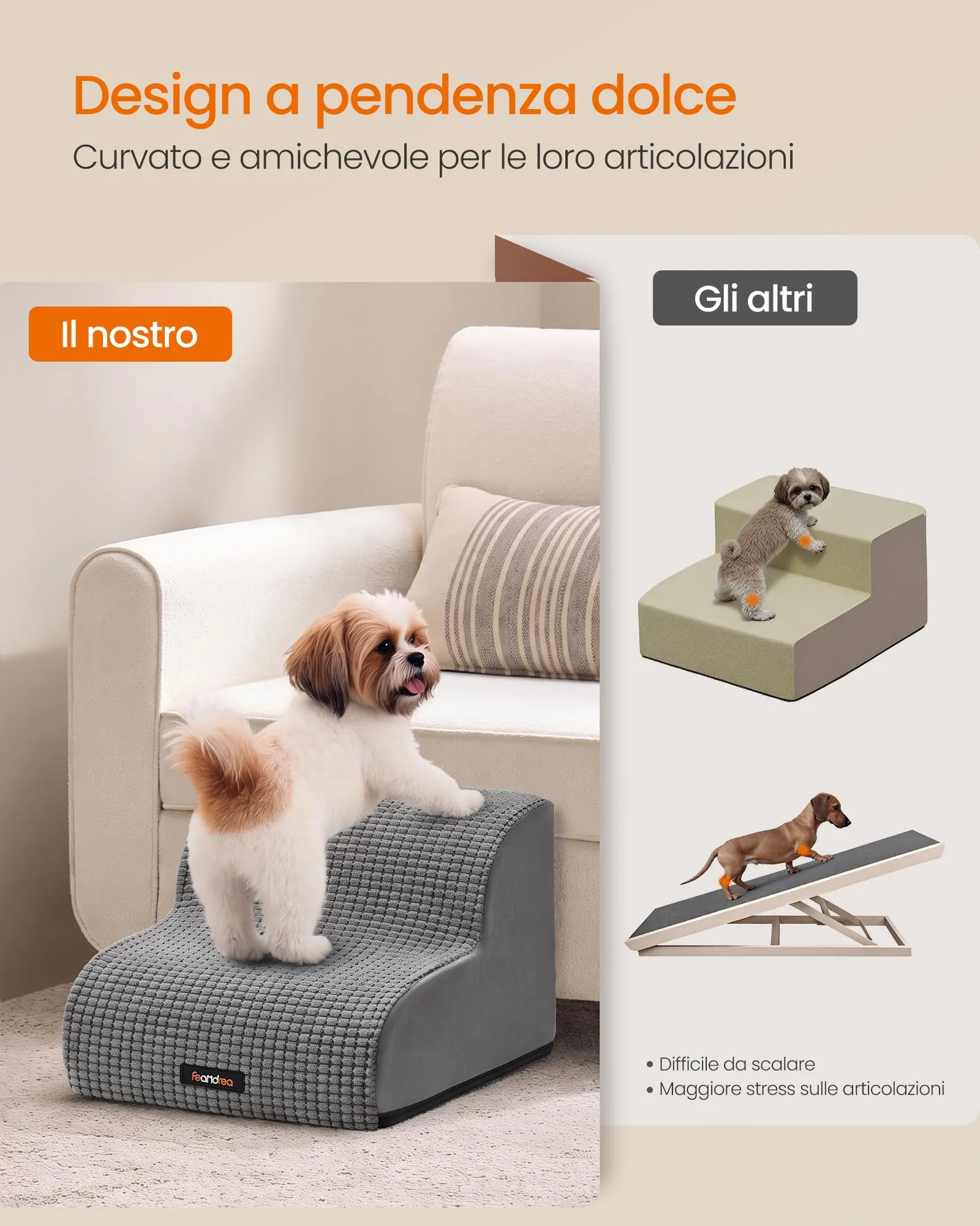 Feandrea Scaletta per Cani, 2 Gradini in Schiuma Antiscivolo, Grigio Tortora - immagine 3