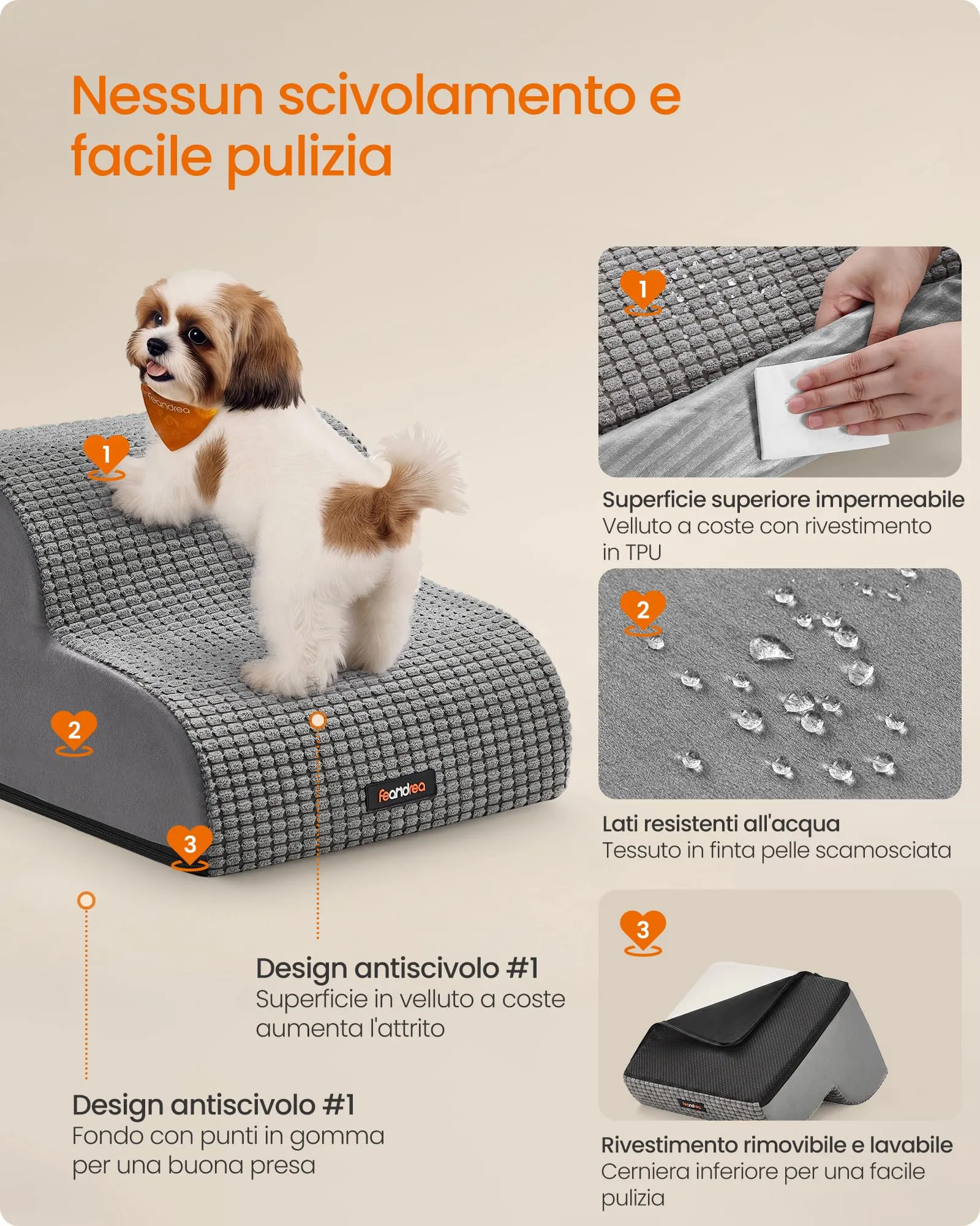 Feandrea Scaletta per Cani, 2 Gradini in Schiuma Antiscivolo, Grigio Tortora - immagine 5