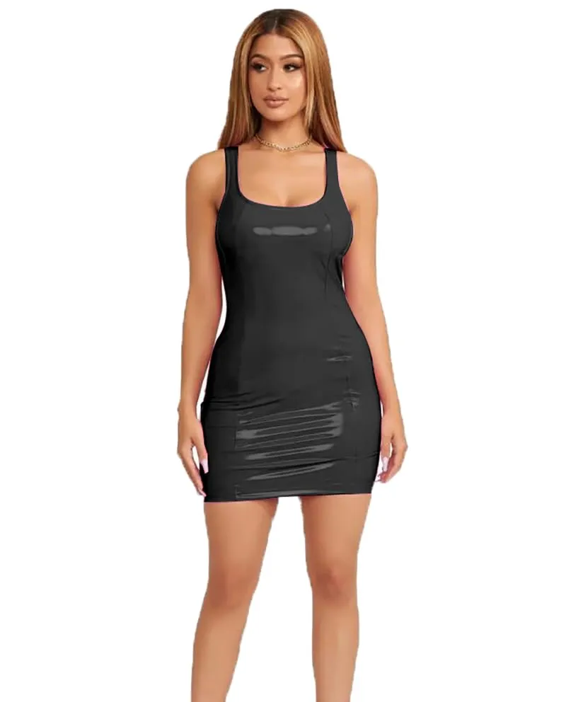 THSCWY Abito Mini Bodycon in Similpelle e Lattice per Donna, Nero, L - immagine 1